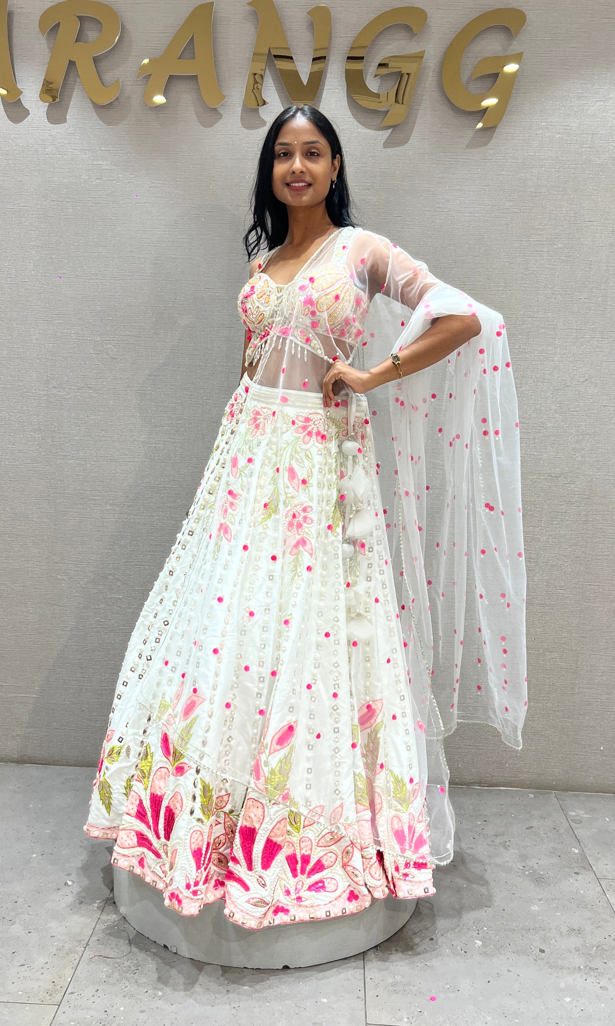 White Shimmering Botanical Lehenga Choli
