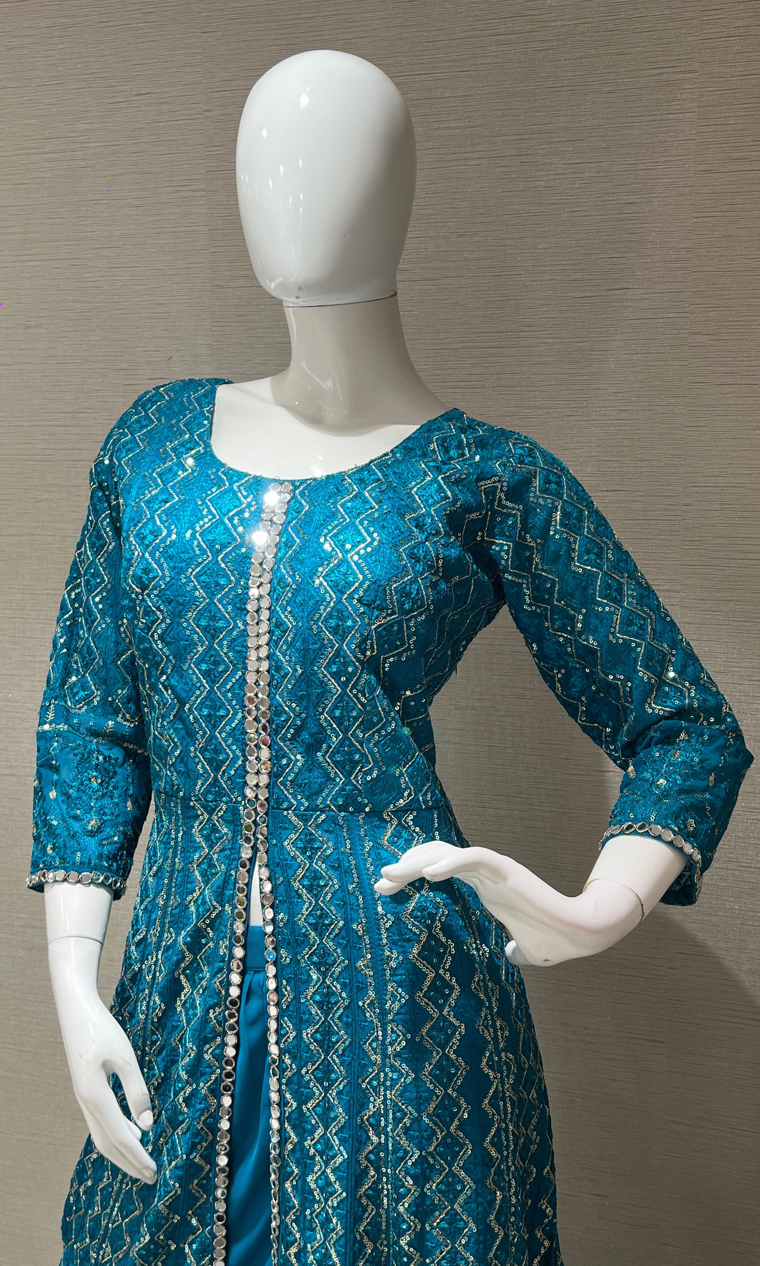 Rama blue front slit Anarkali with palazzo pants