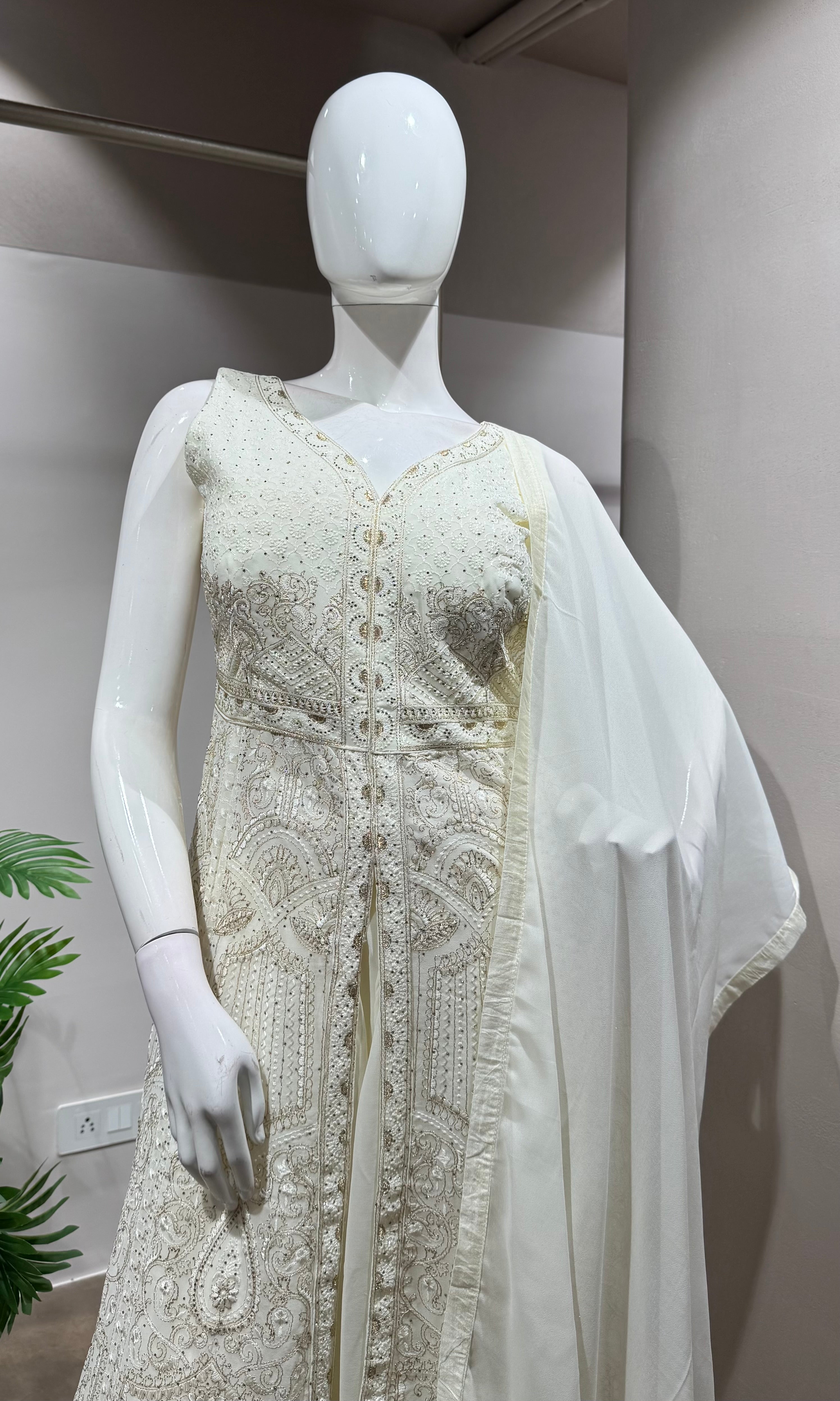 CREAM FRONT SLIT ANARKALI WITH PALAZZO PANTS