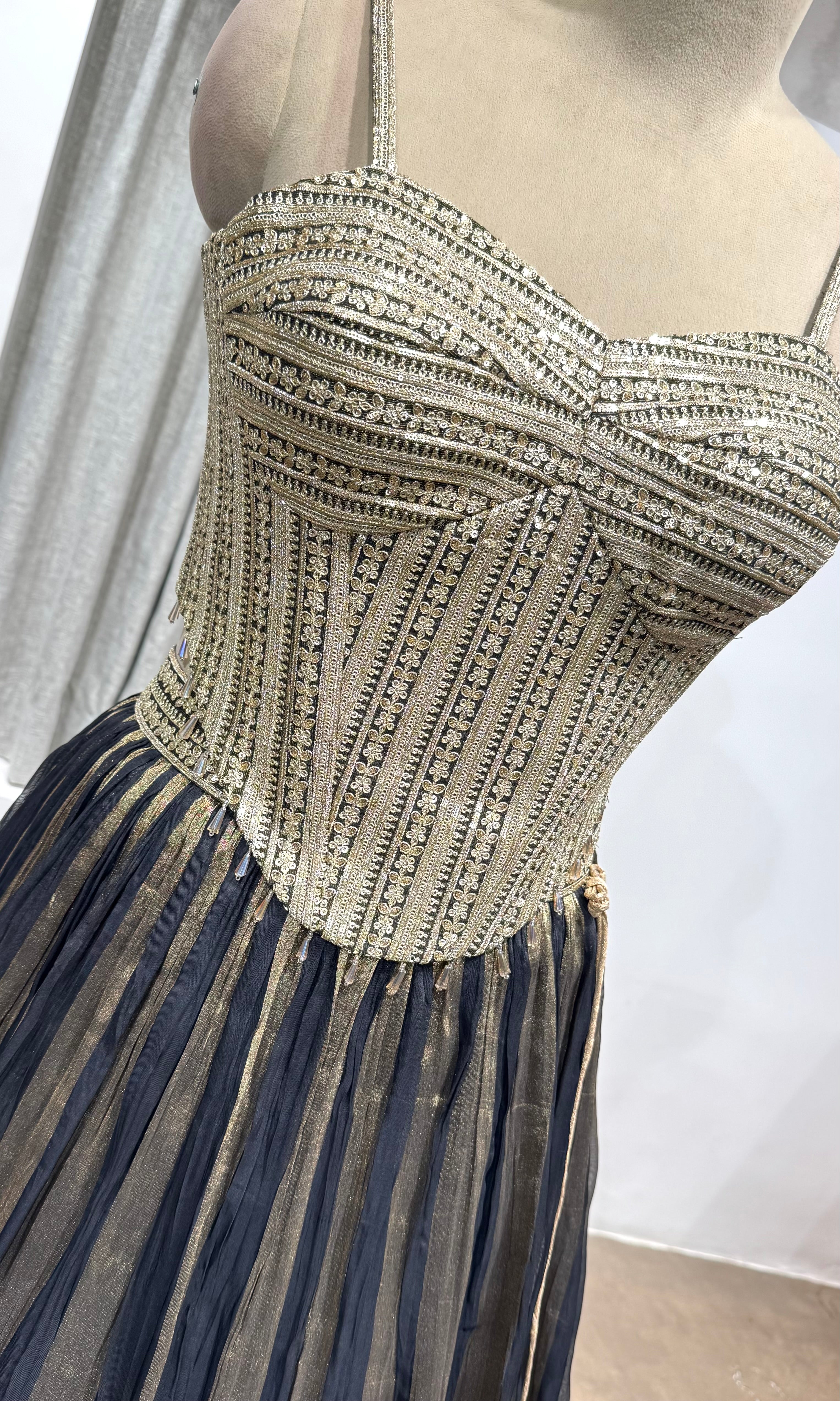 black and gold striped corset lehenga