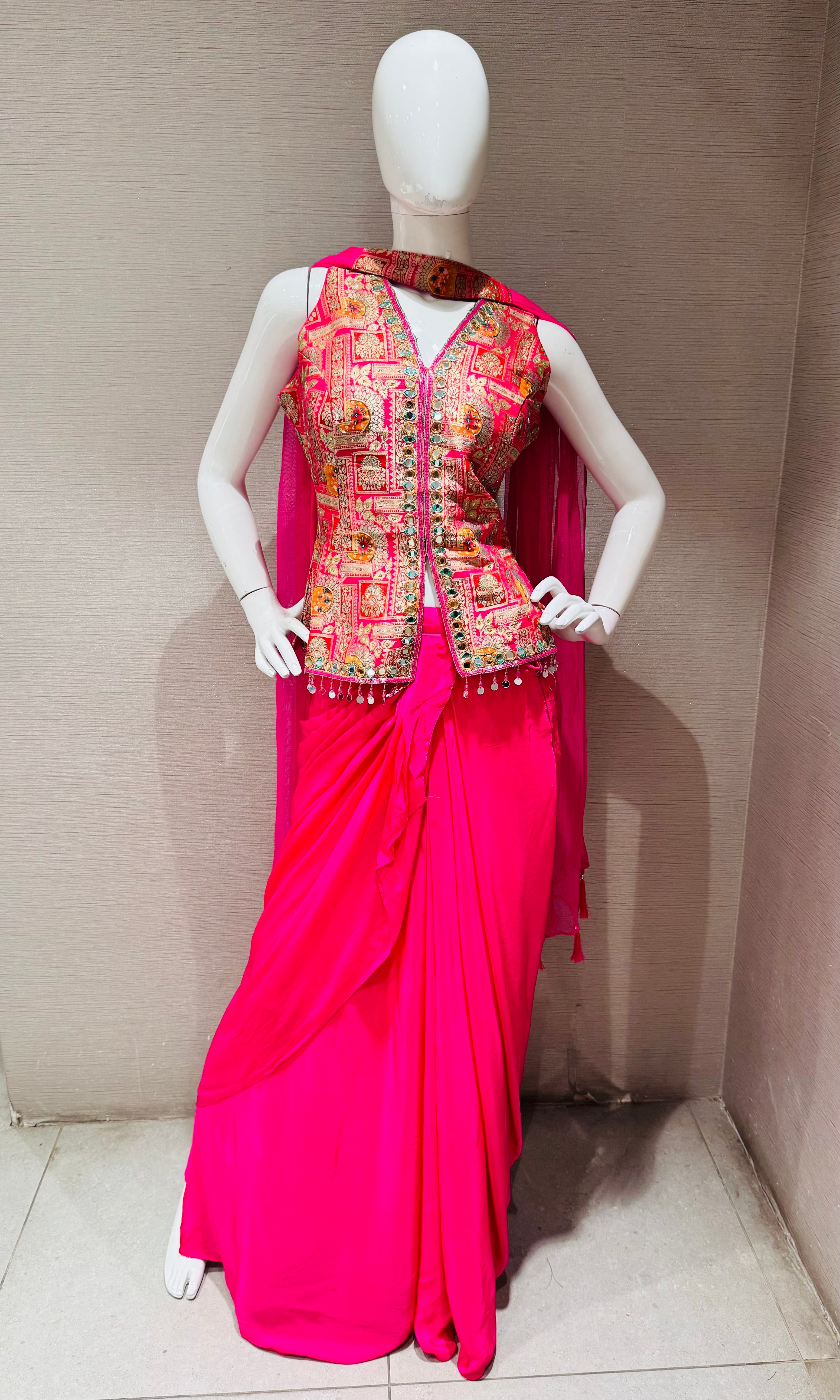 Fuchsia Pink Draped Skirt with Corset blouse