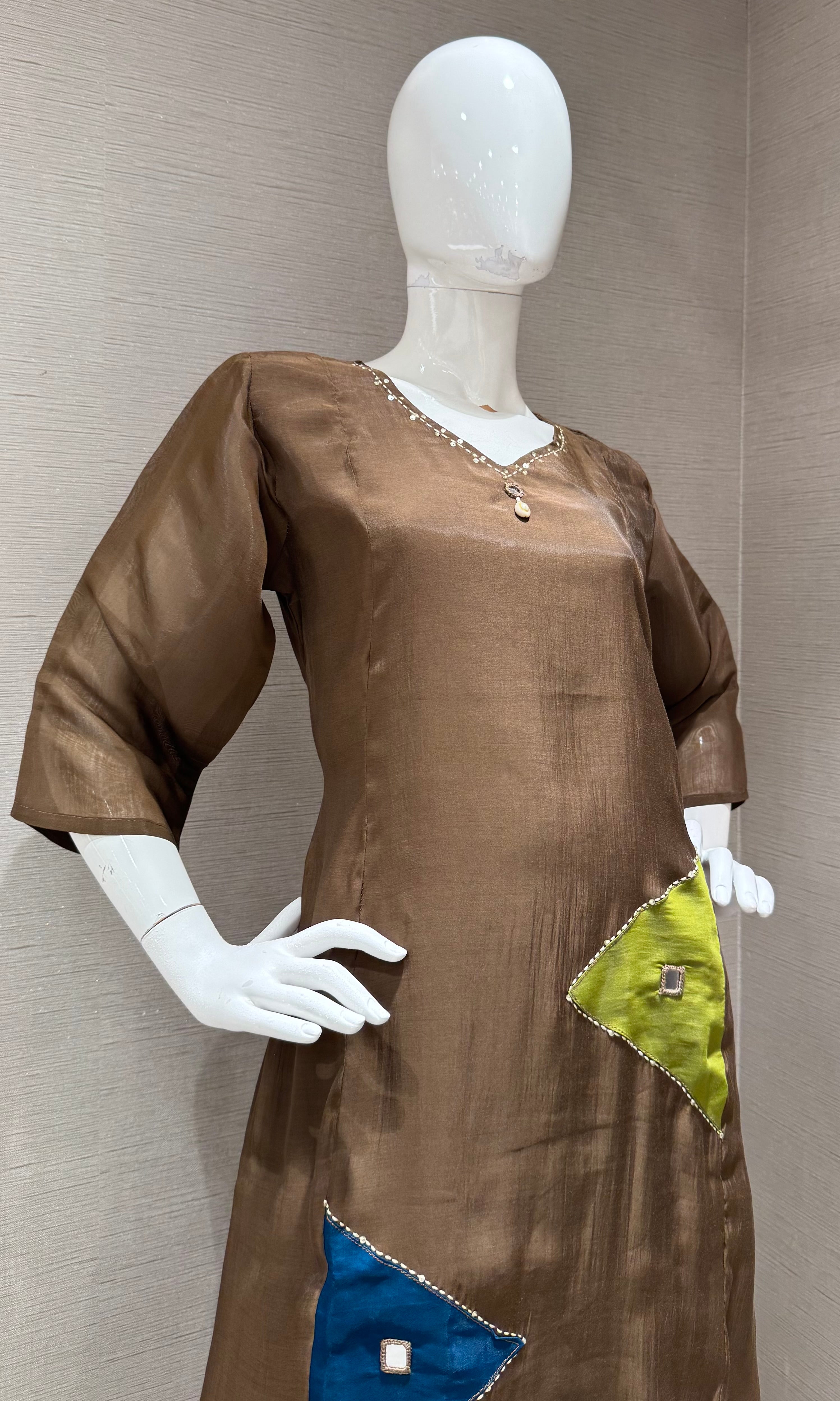 Brown Straight Patch Kurta Set with Dupatta