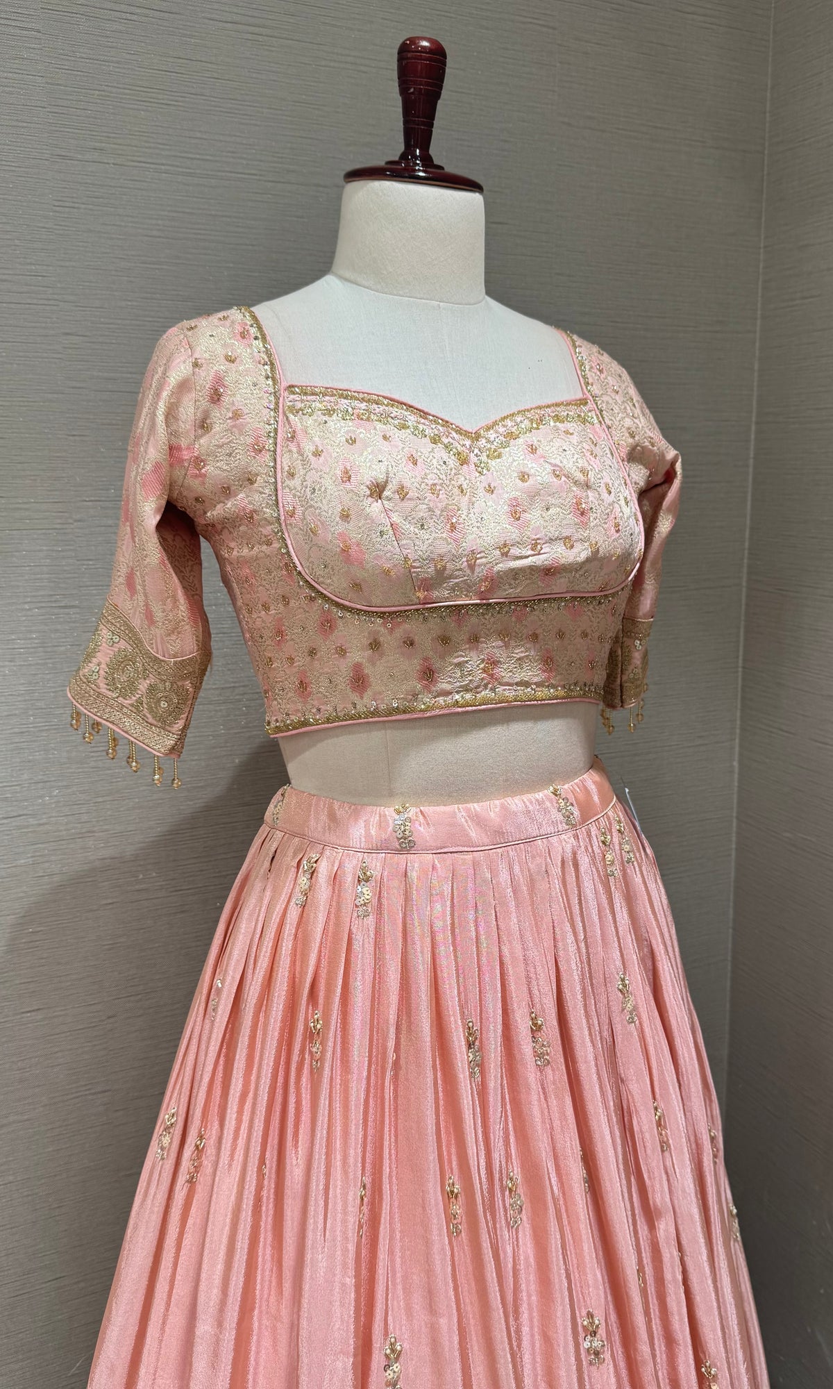 Blush Pink Sequins Embroidered Tissue Lehenga Choli