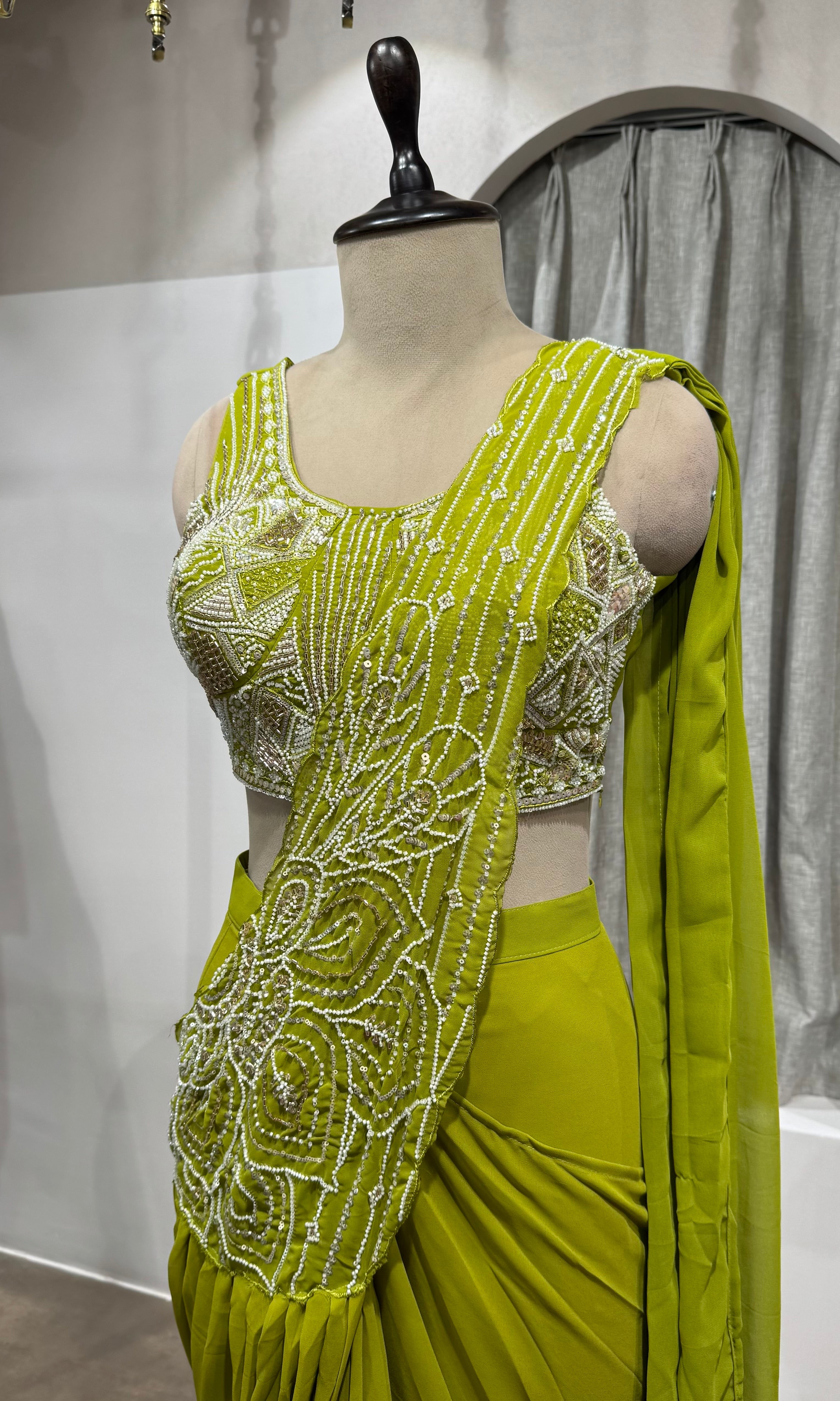 Green Pearl Embellished Pre-Draped Saree