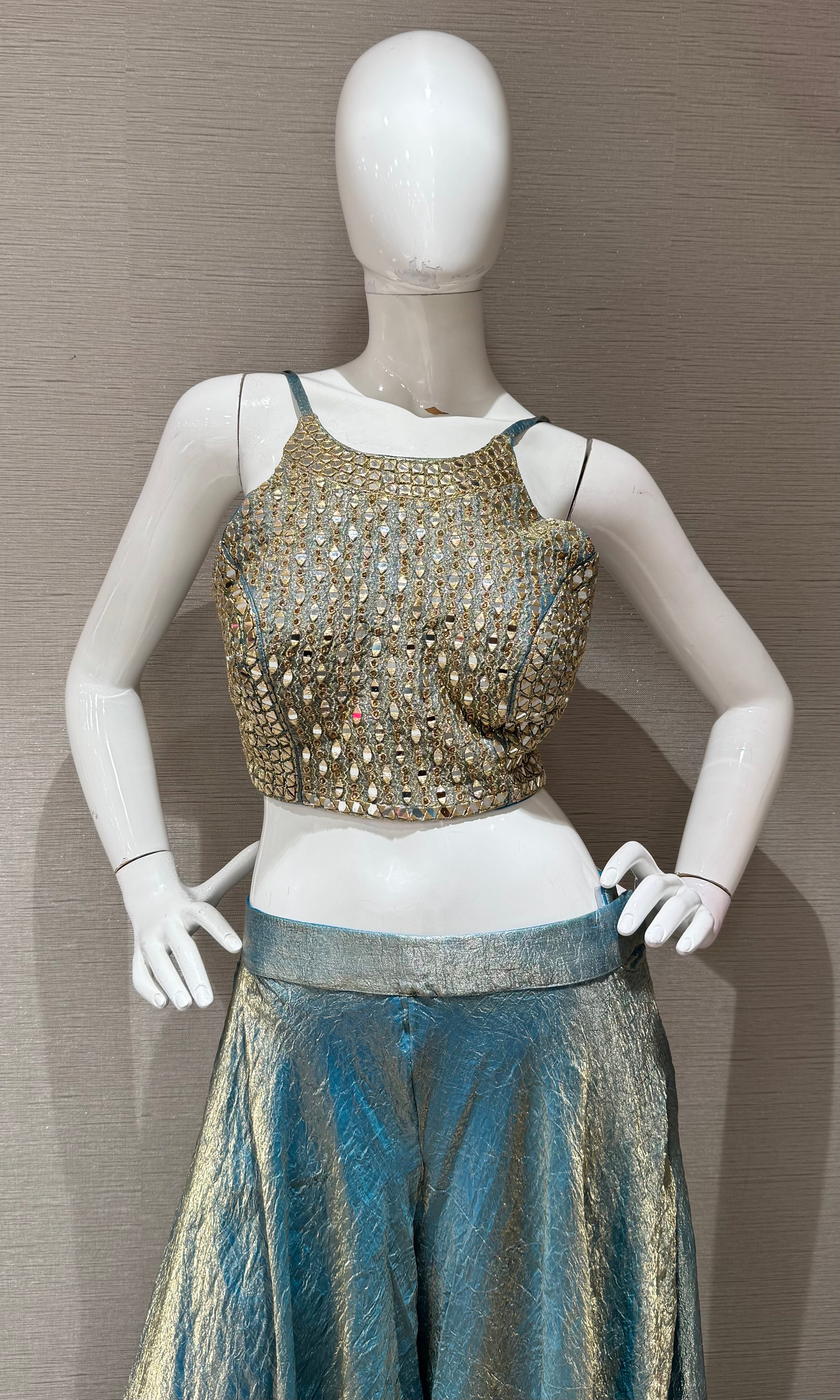 Blue Shimmer palazzo set with golden ethnic blouse