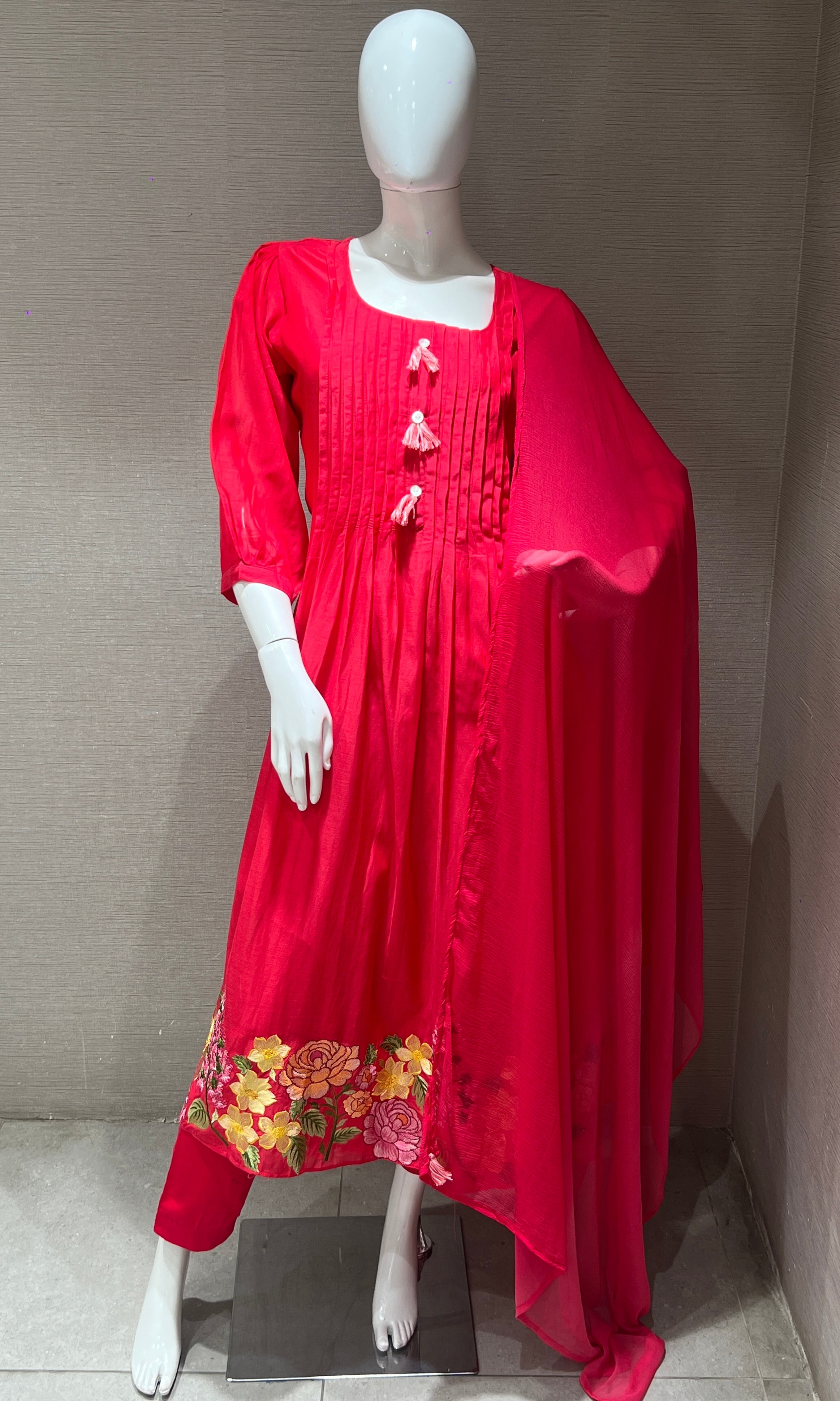 Rani pink mul chanderi kurta set