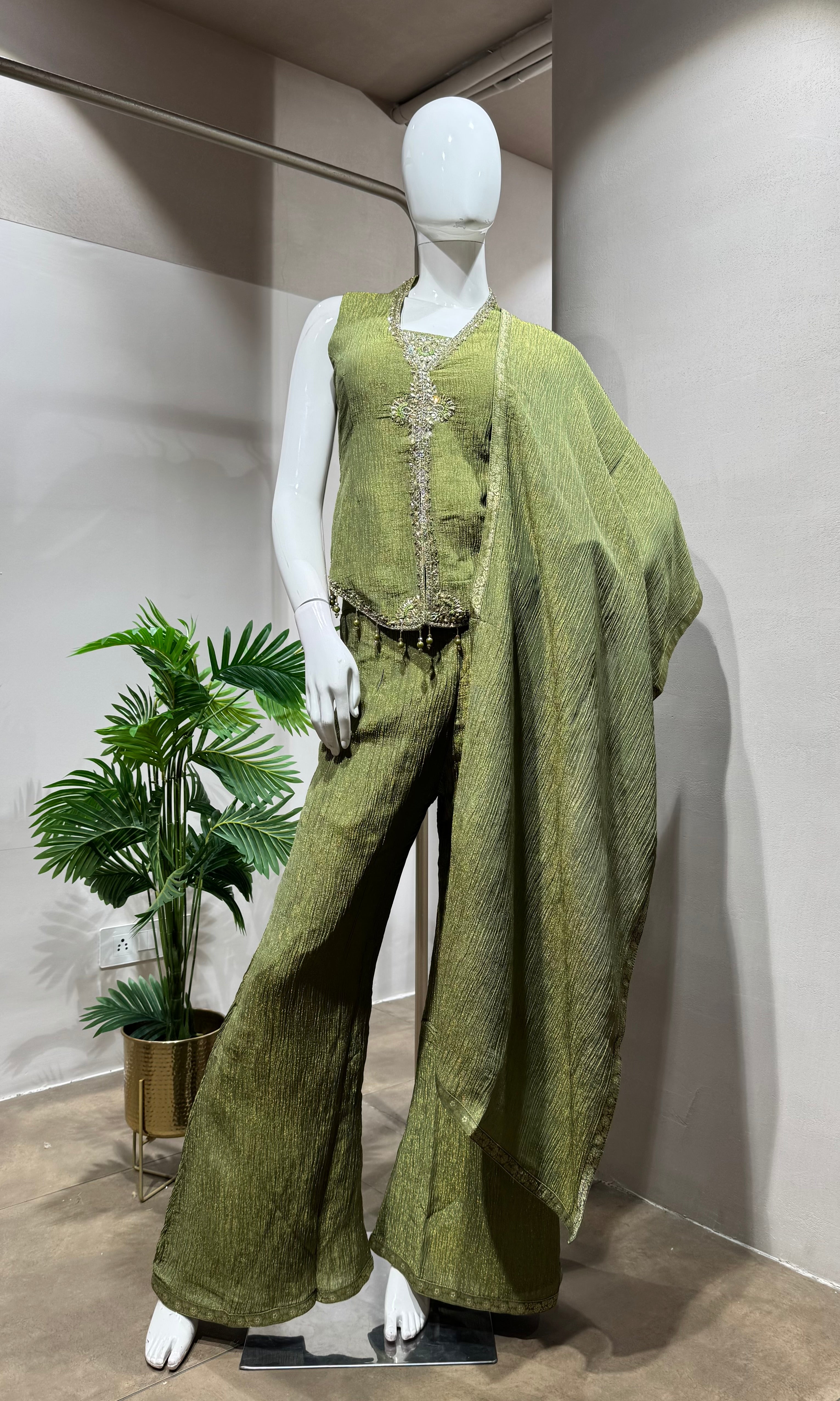 Green Printed Floral V Neck Sharara Set