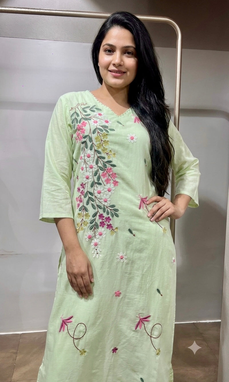Pista green Pastel Floral Embroidered Kurta Set with Dupatta