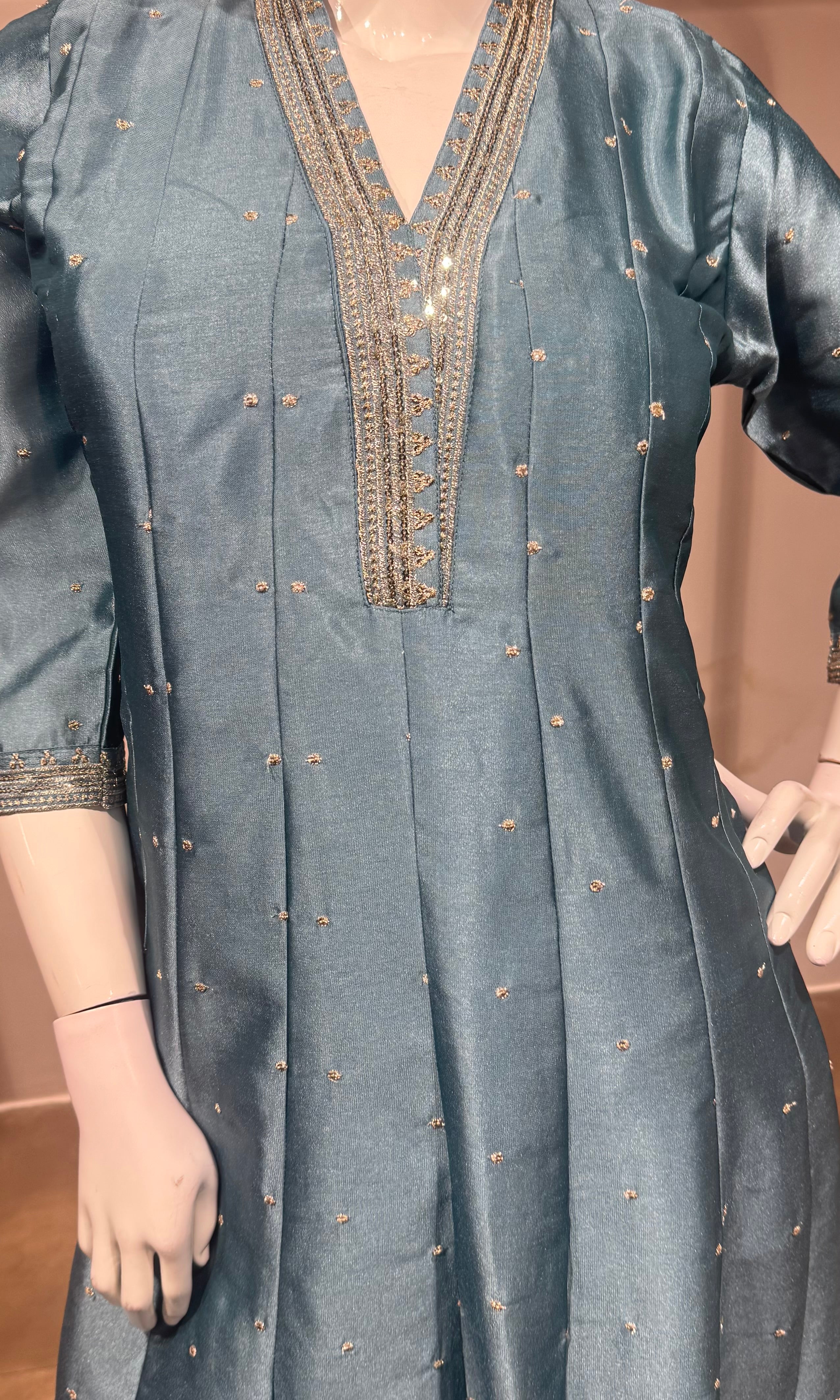 Blue silk golden embroidered anarkali set