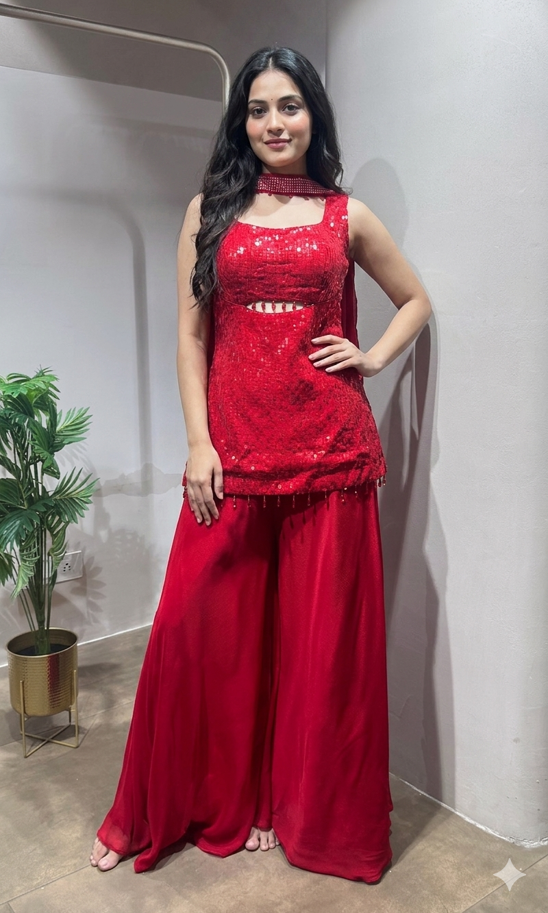 Red Georgette Embroidered Sharara Set