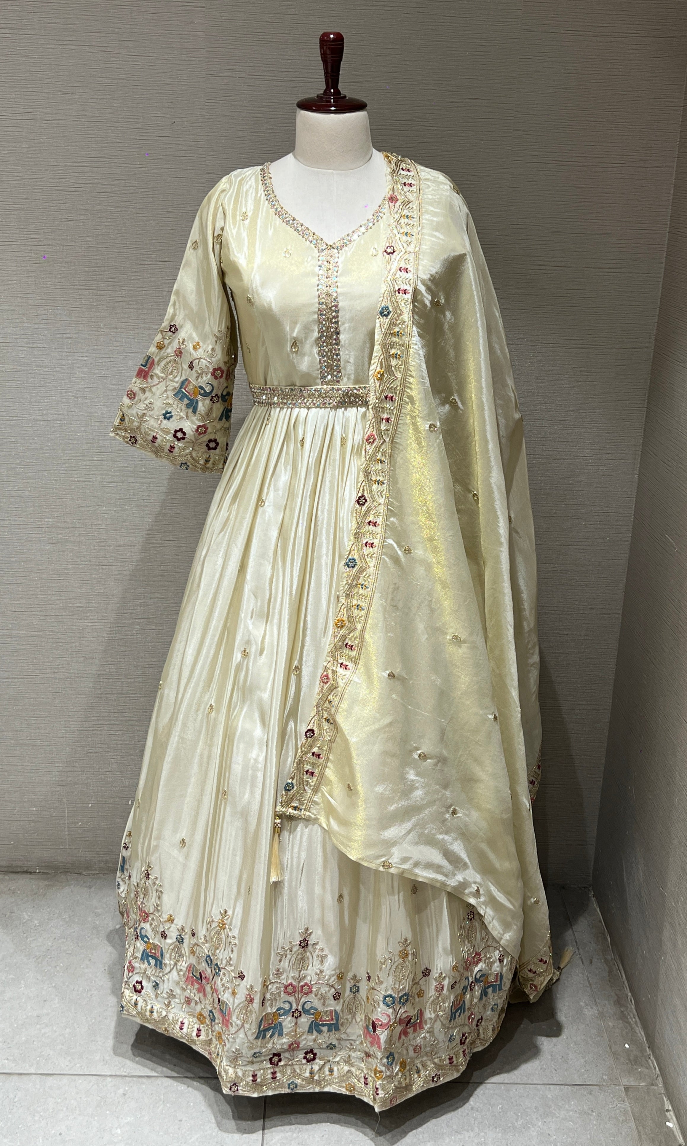 Elegant Cream Anarkali Gown with Floral Embroidery