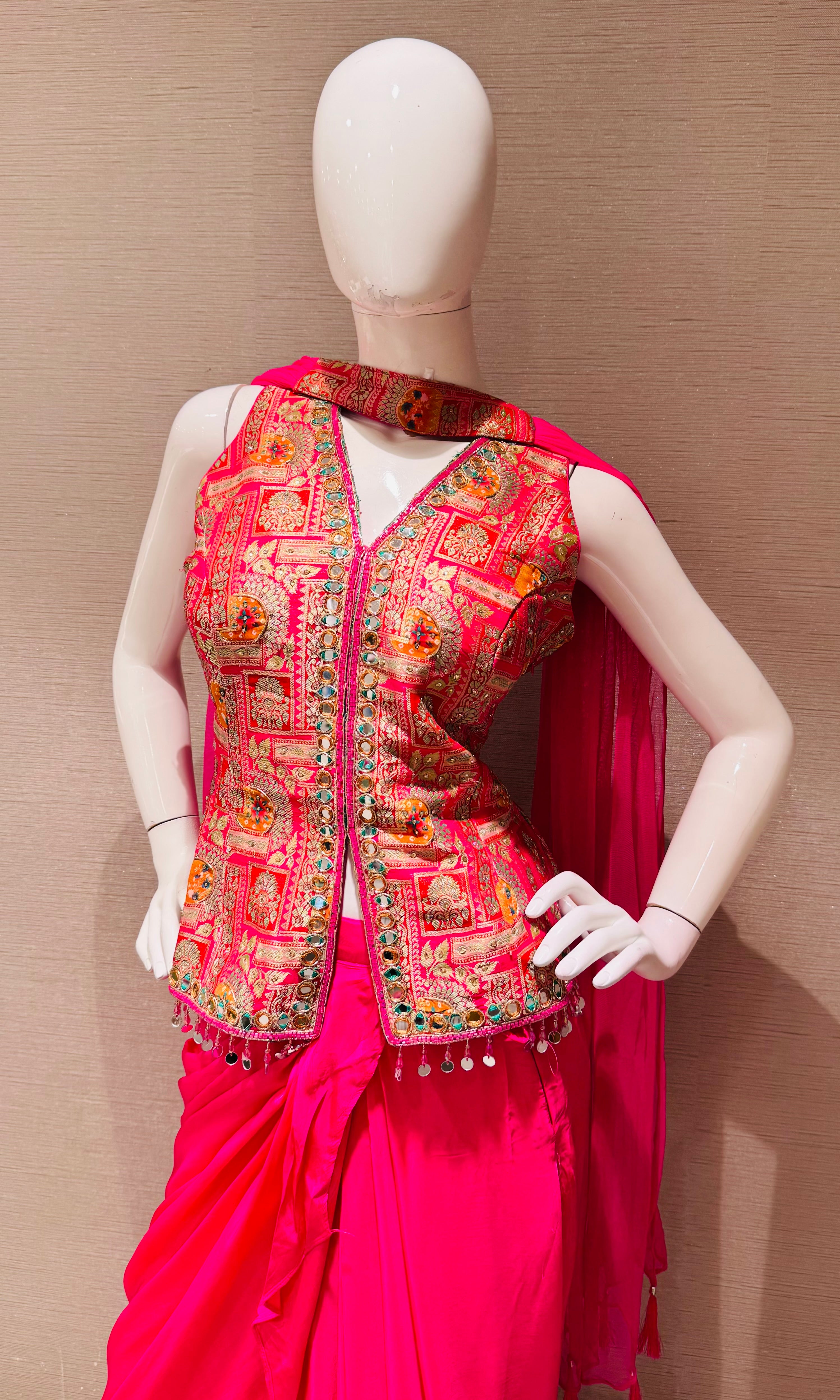 Fuchsia Pink Draped Skirt with Corset blouse