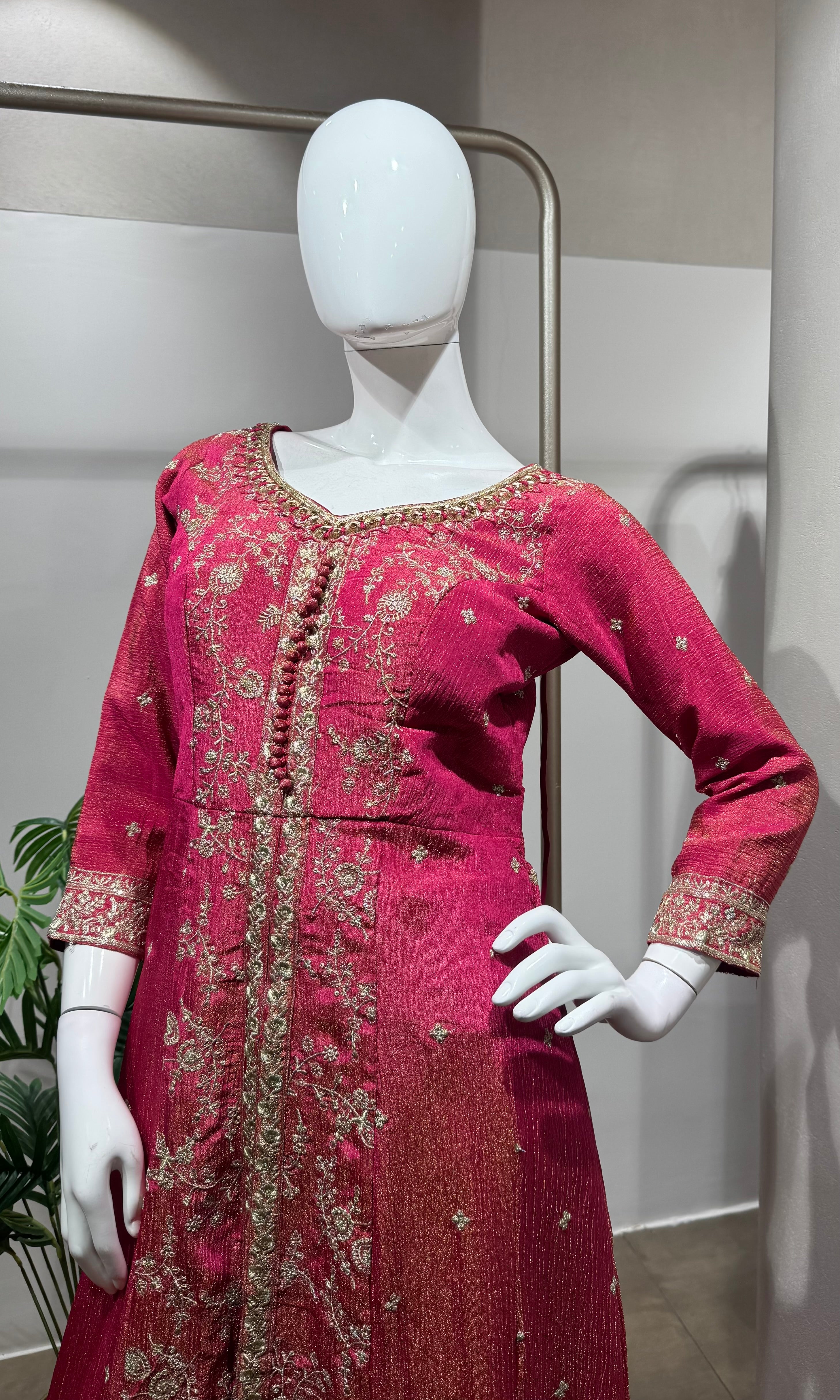 Pink Gold Embroidery Front-Slit Anarkali Set