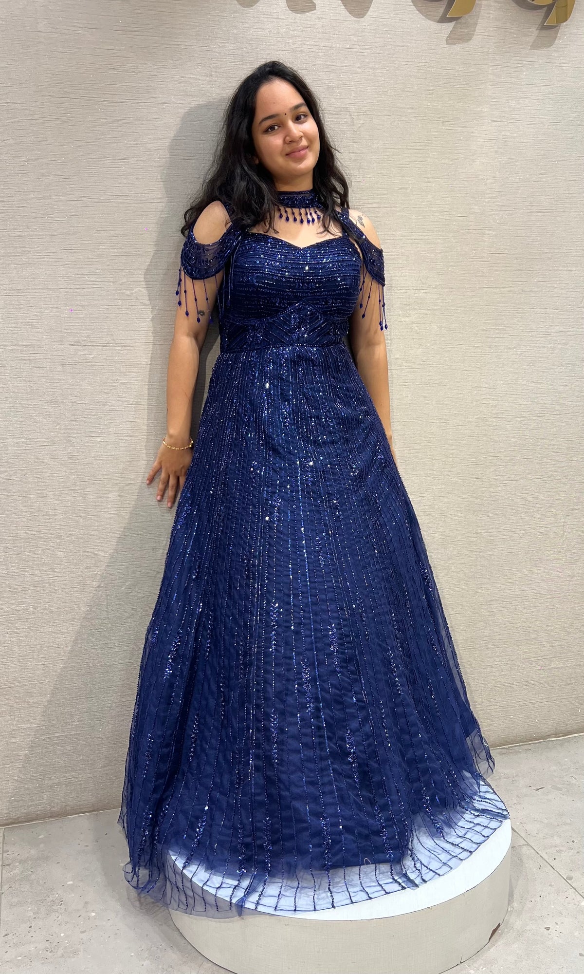 Royal Blue Halter Neck Ballgown with Sheer Cap Sleeves
