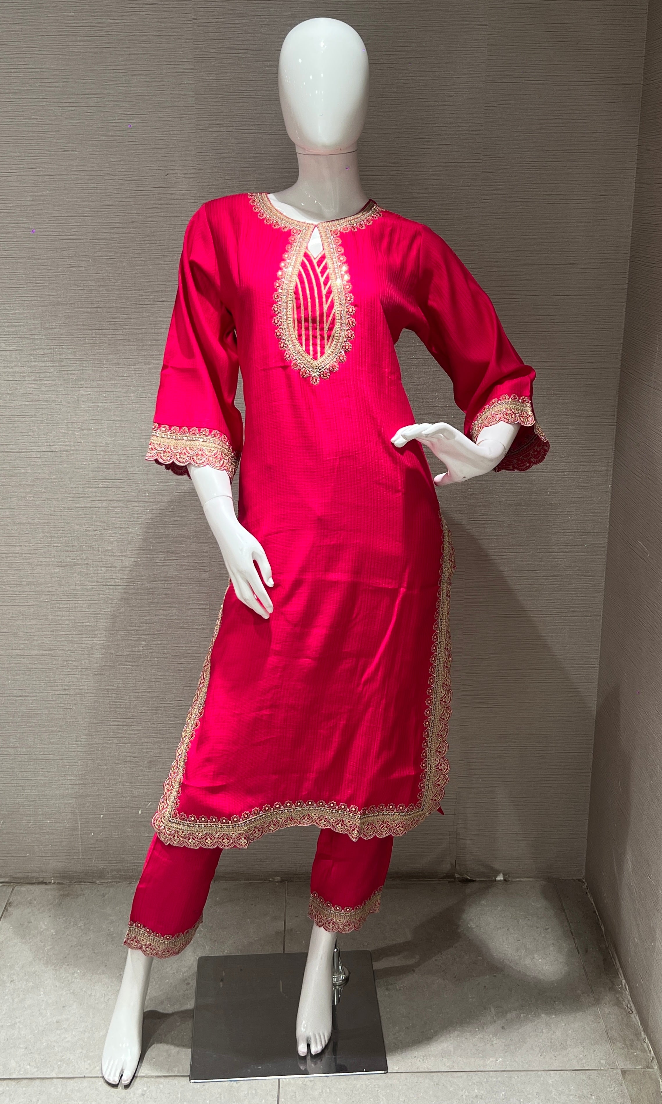 Rani pink gold embroidery kurta set