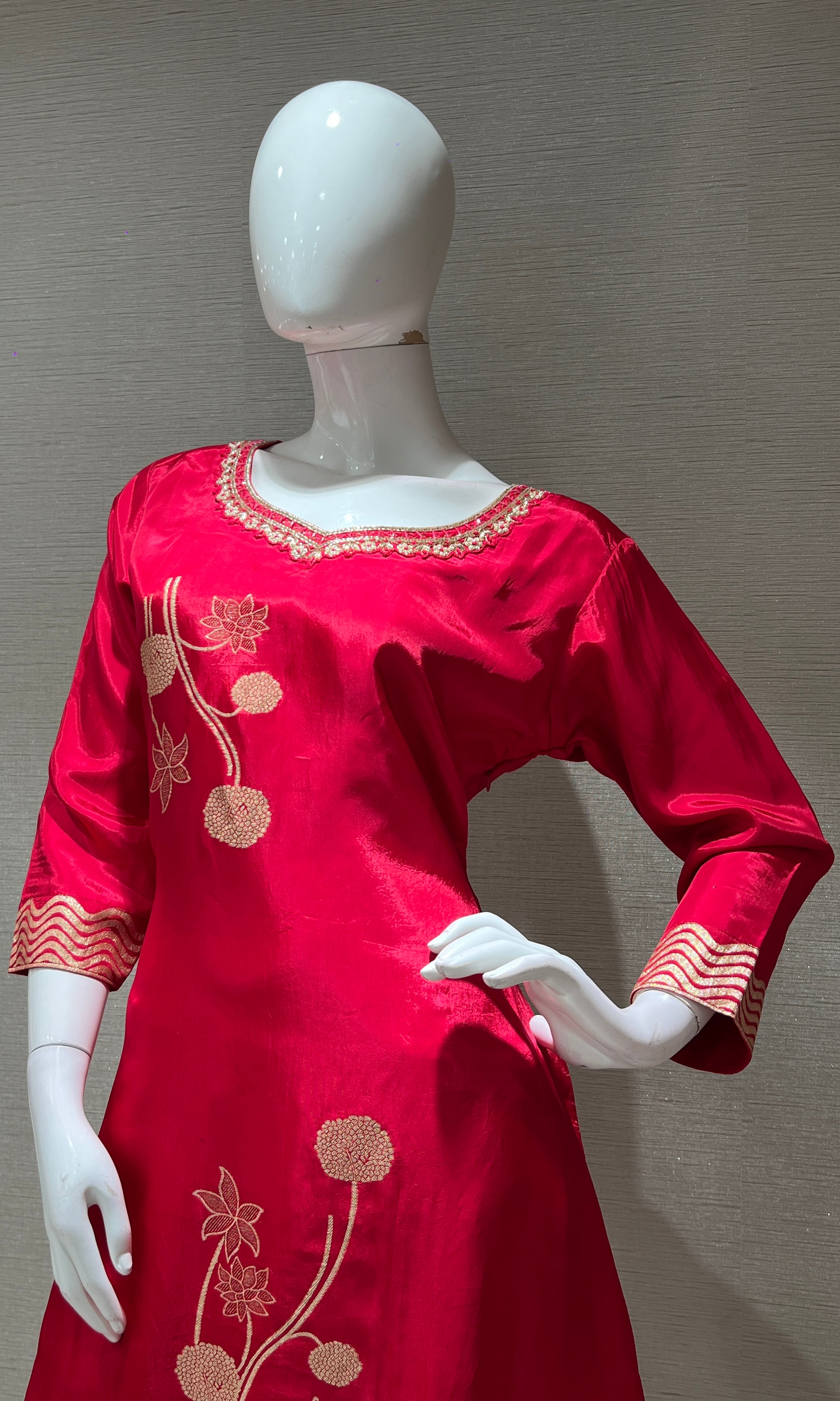 Rani Pink golden embroidered kurta set