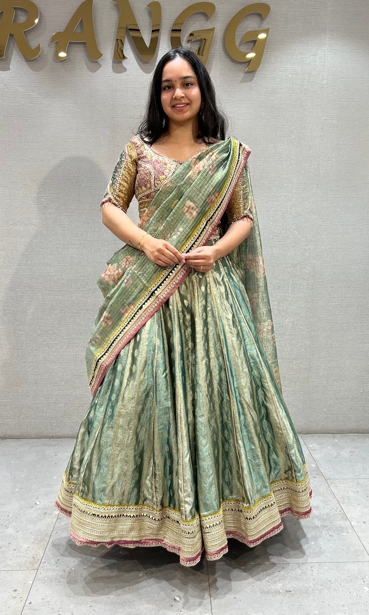 Sage Green raw silk Lehenga Set with Golden Zari Motifs