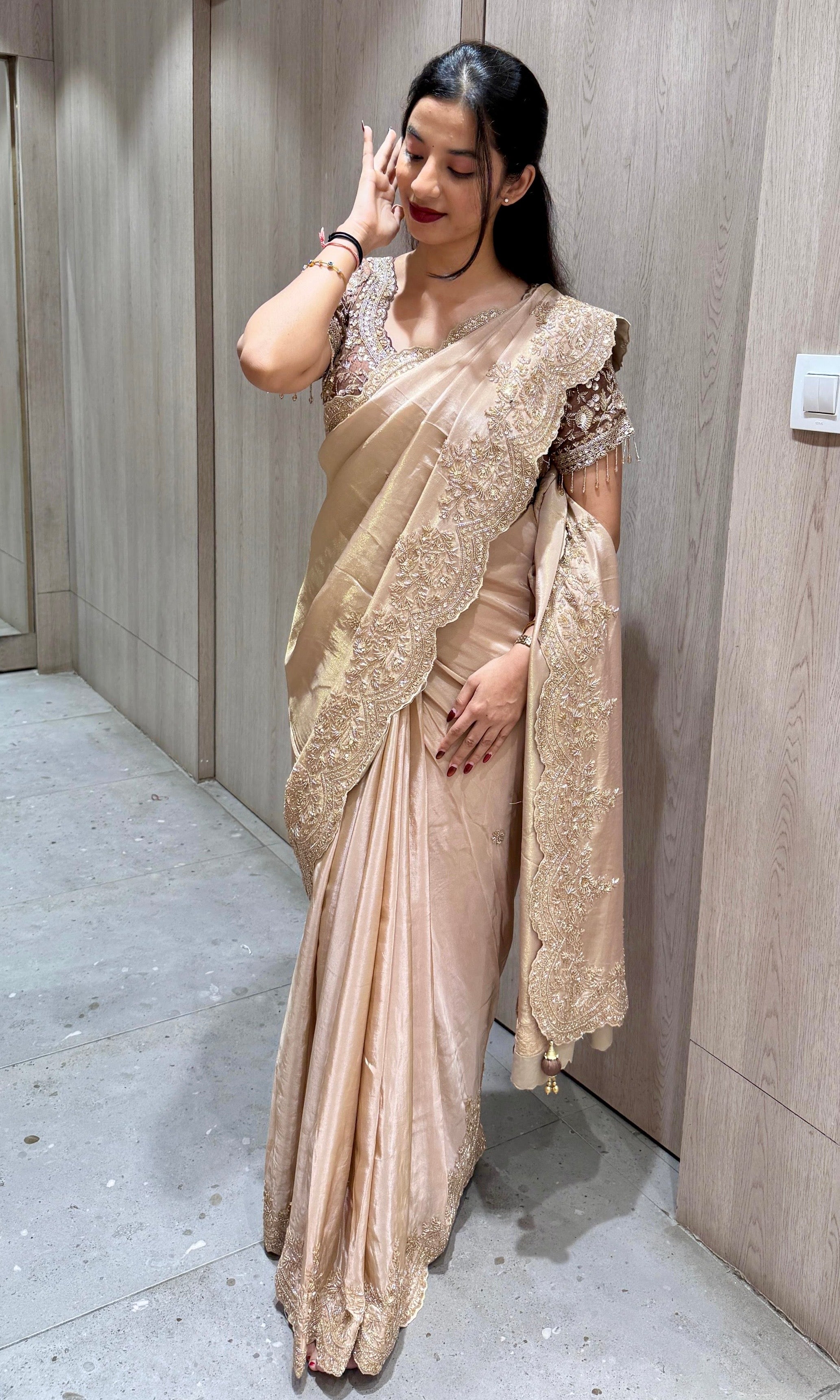Brown saree with ready blouse