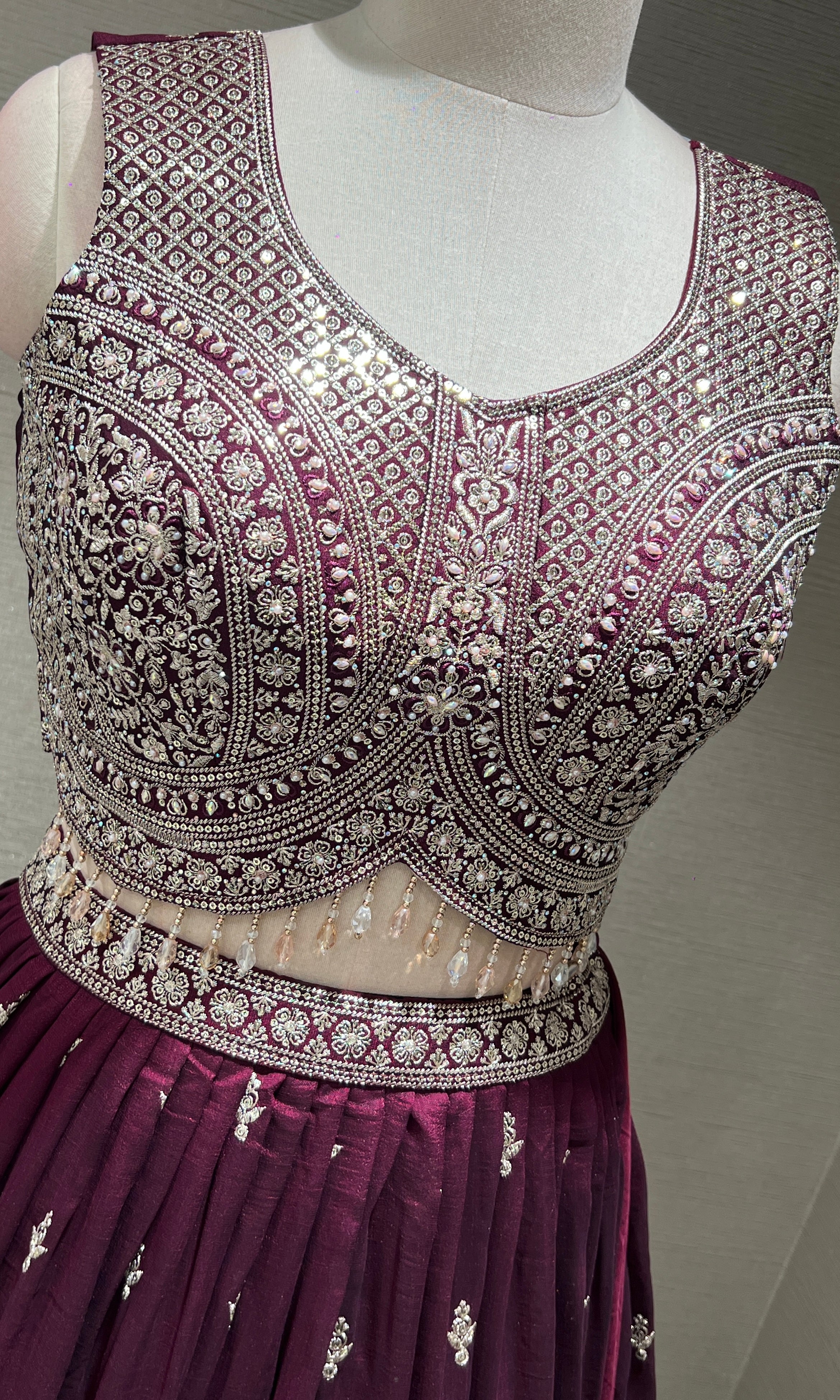 Wine Heavy Mirror Embroidered Lehenga