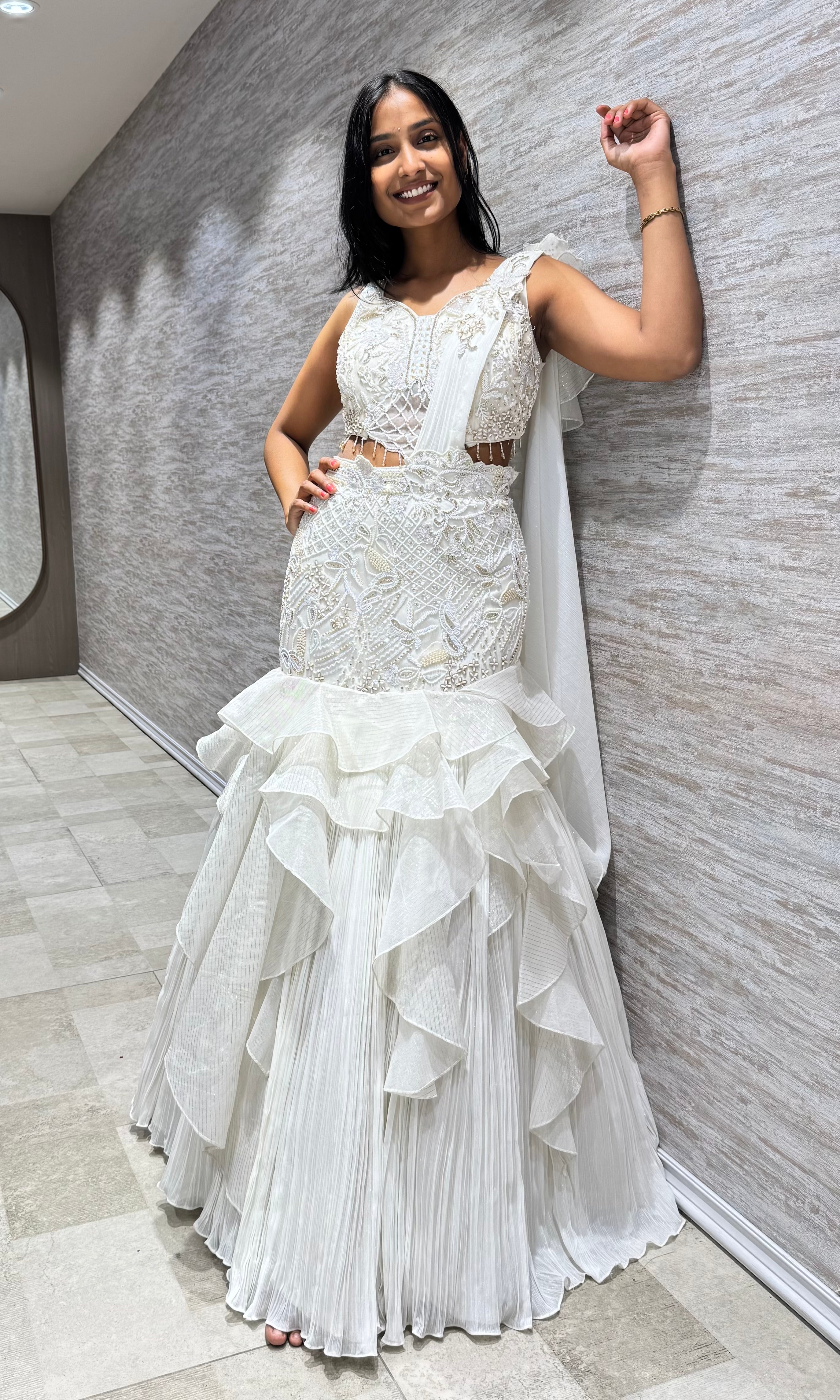 WHITE RUFFLE EMBROIDERED LEHENGA