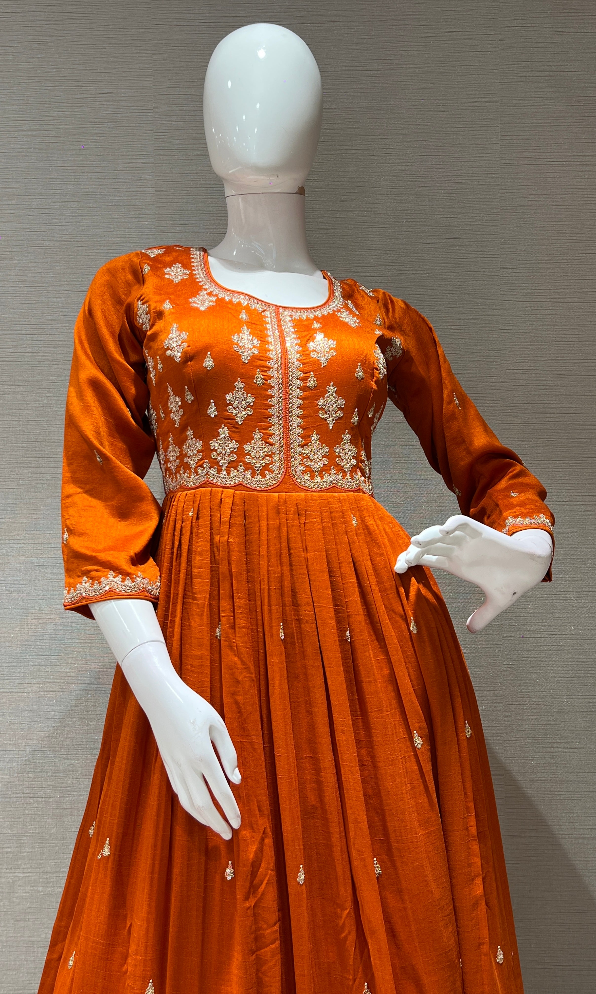 Rust EMBROIDERED LONG ANARKALI DRESS