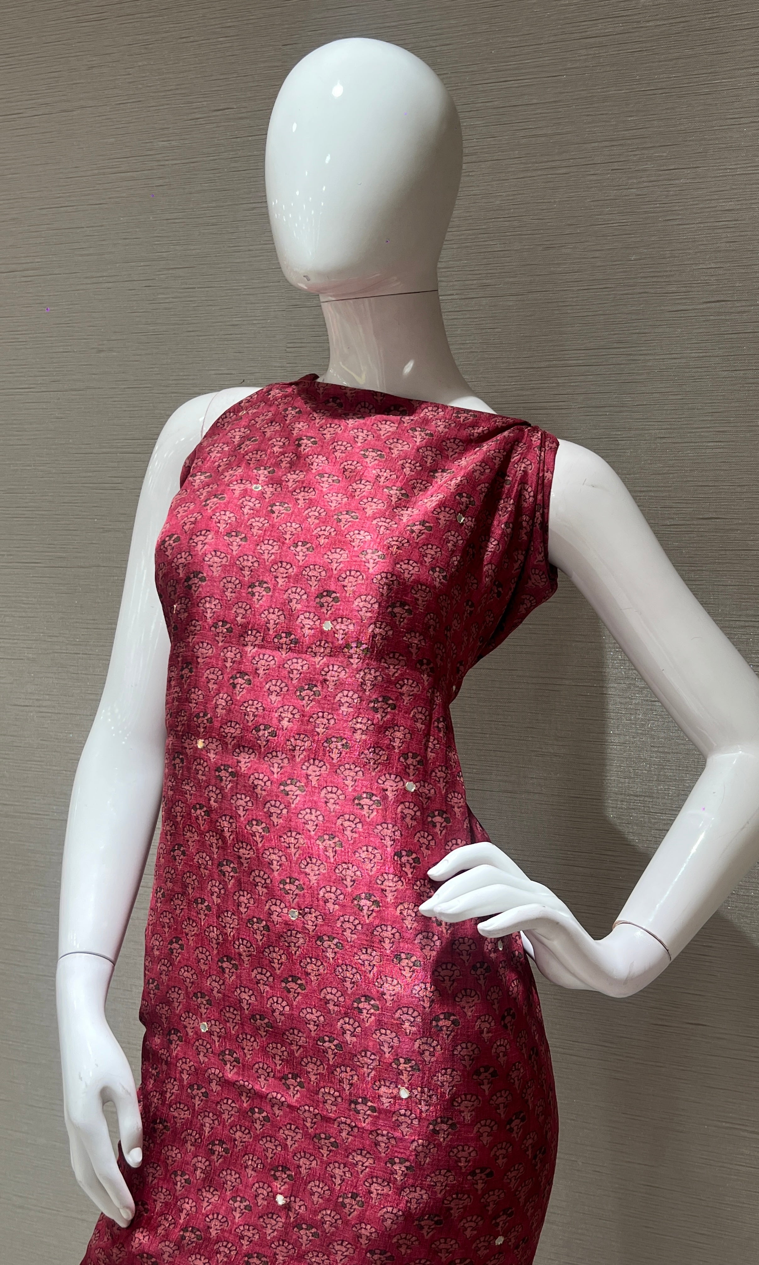 Wine Block Print Dress Material