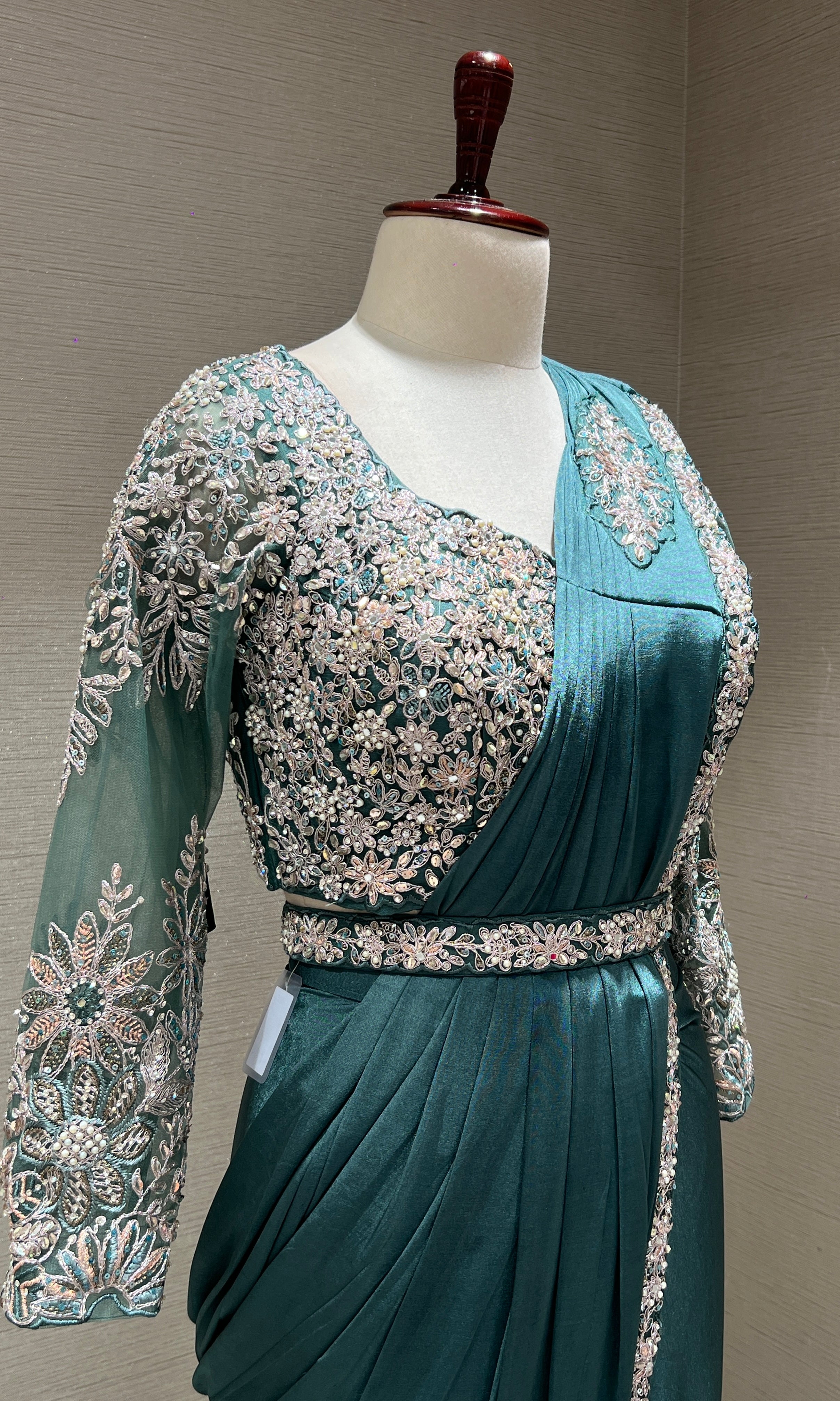 SEA GREEN DRAPE SAREE WITH FLORAL BLOUSE & BELT