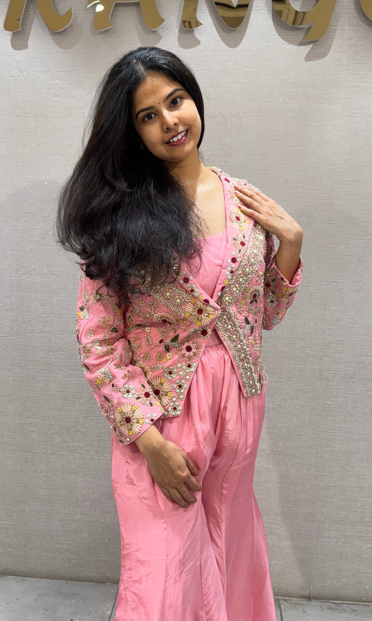 Baby Pink Silk Floral Jacket with Palazzo pants