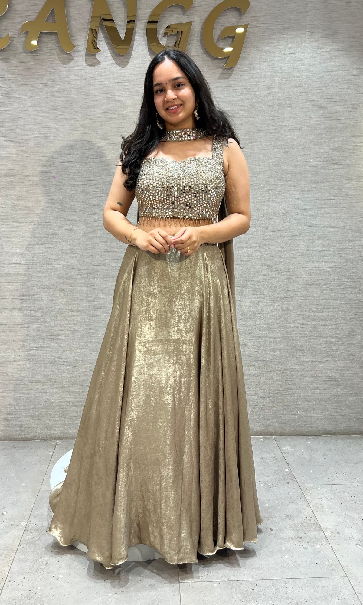 champagne Shimmering Metallic Gold Lehenga Set