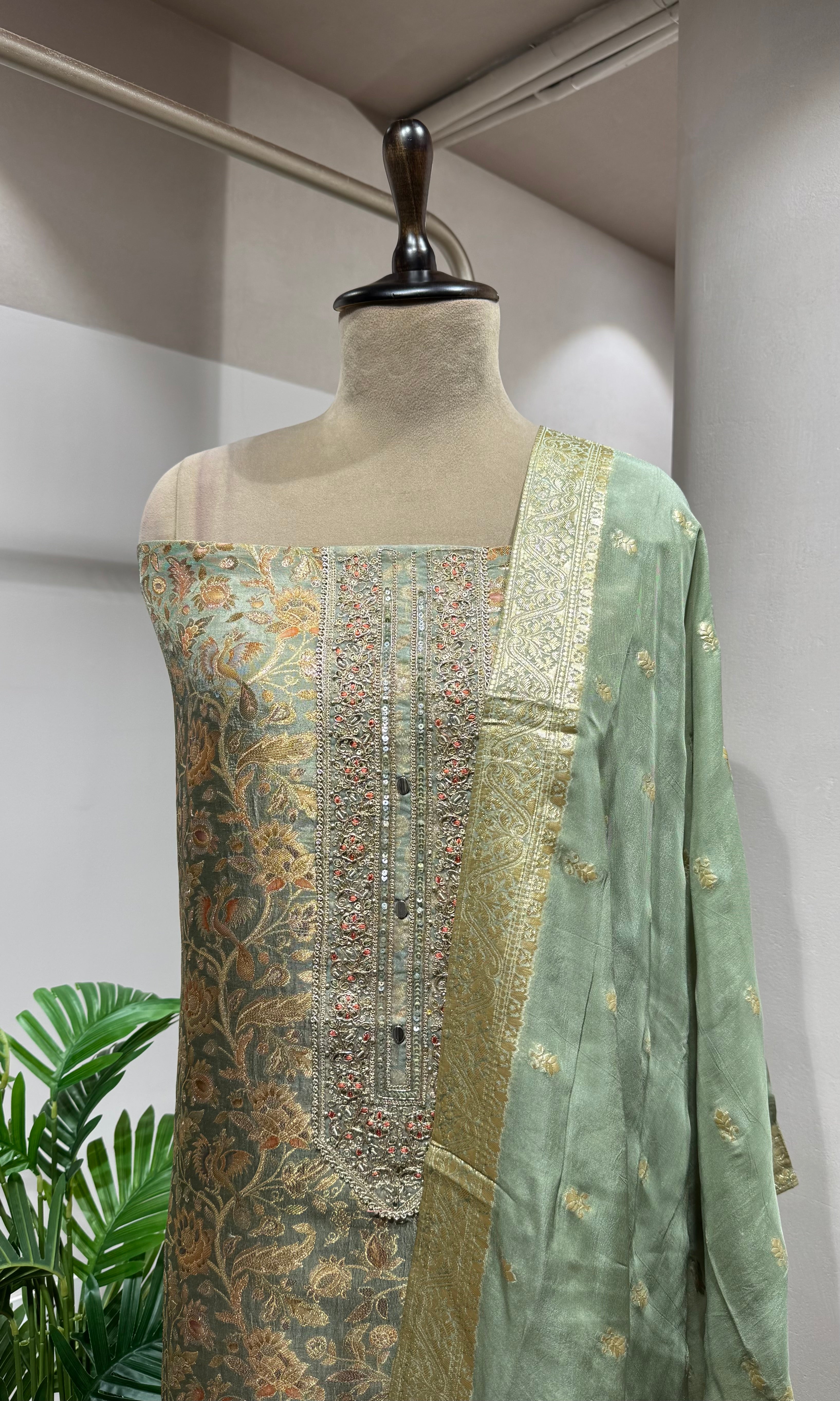 PISTA GREEN BANARASI SILK DRESS MATERIAL