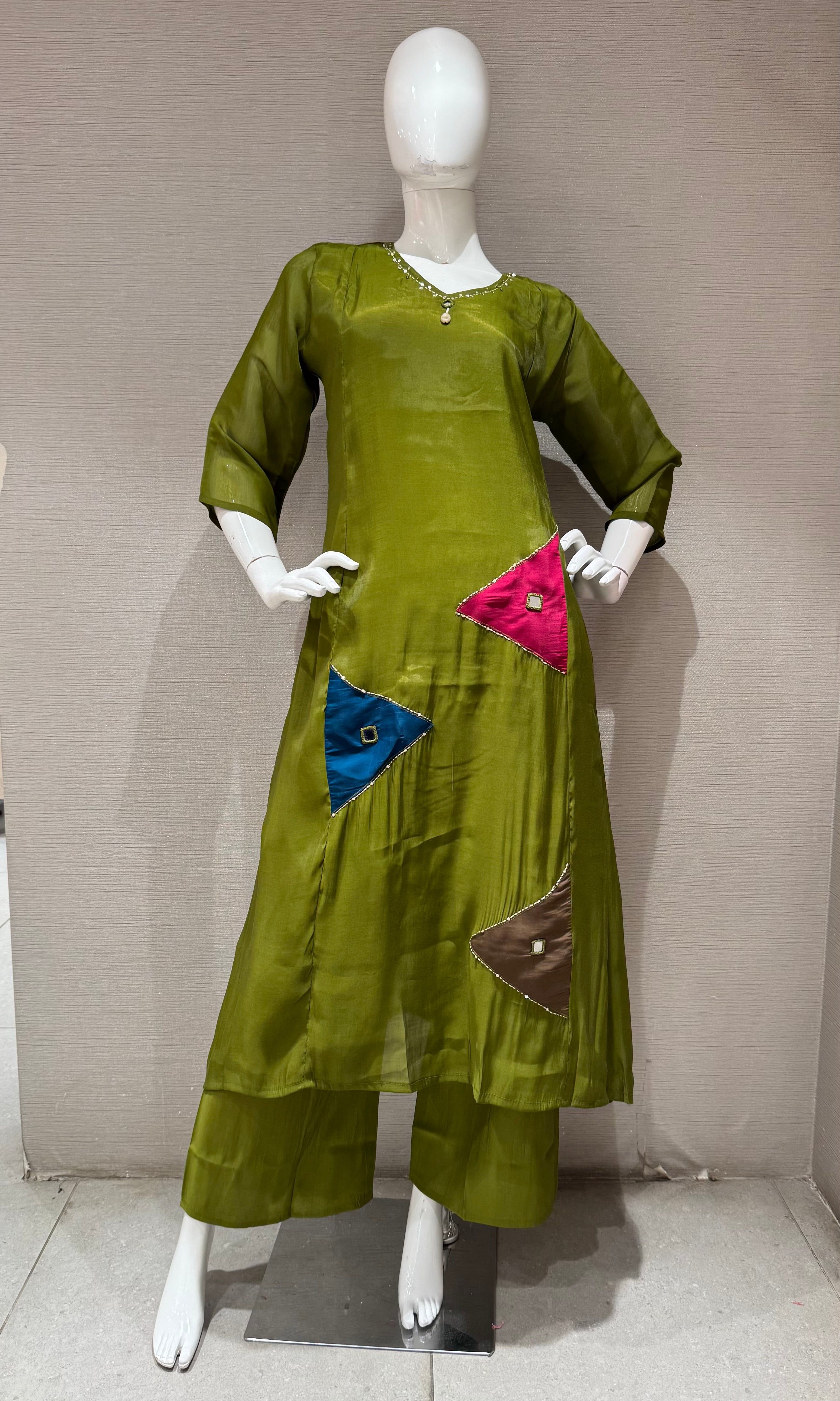 Olive Green Embroidered Kurta Set with Sheer Overlay
