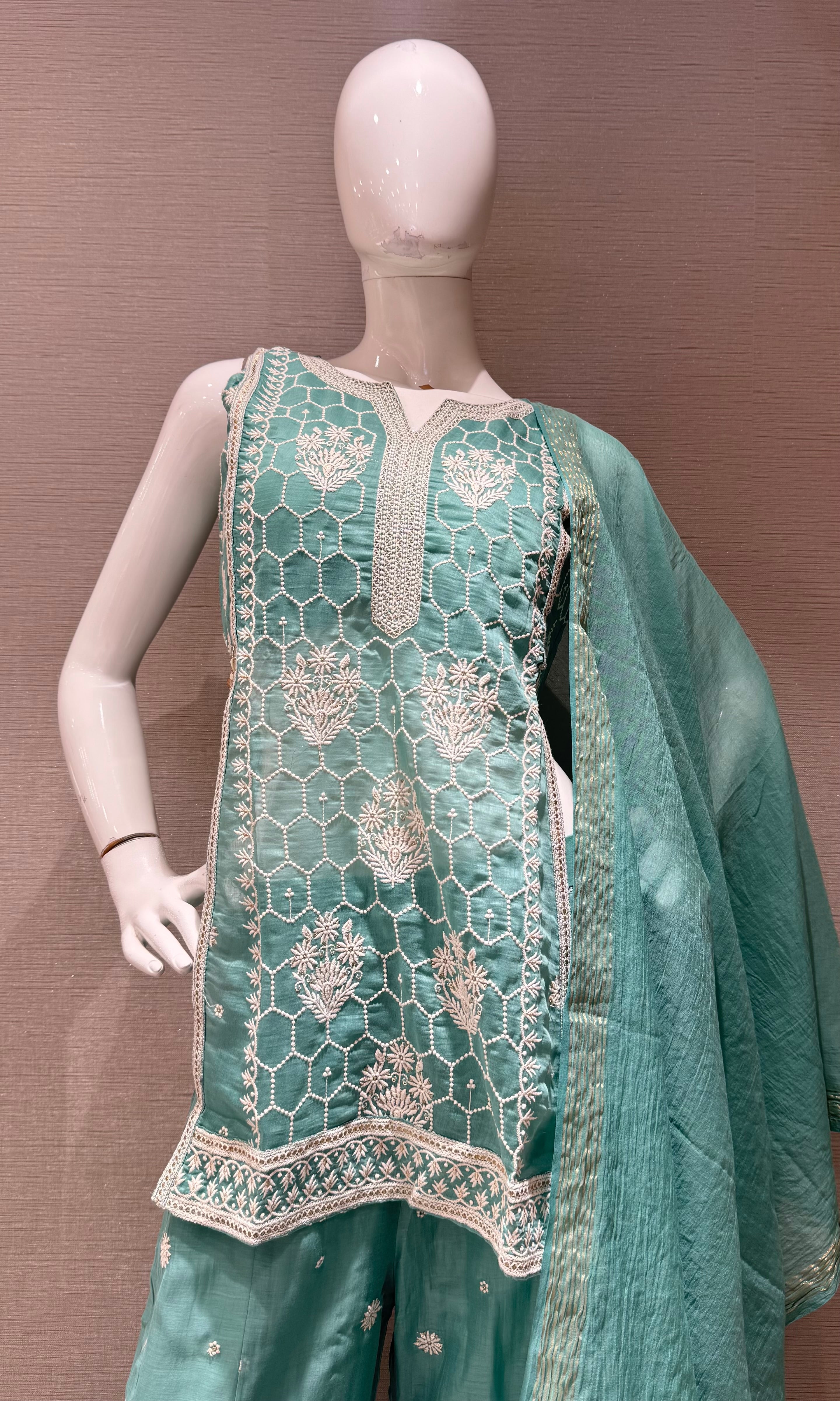 Sea green Floral Embroidered Palazzo with Sheer Dupatta