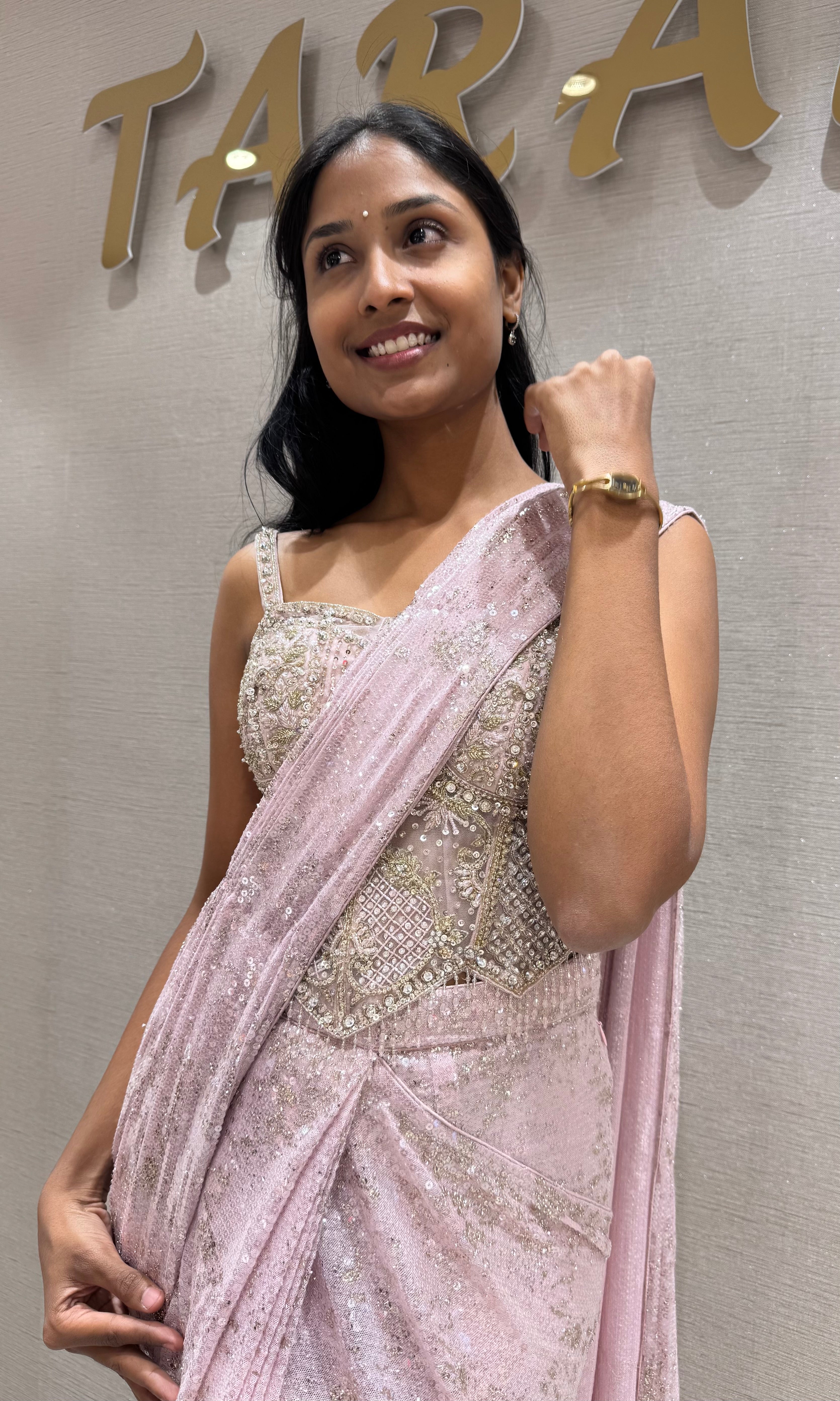 Baby Pink Embellished Drapee Saree with Corset Bustier