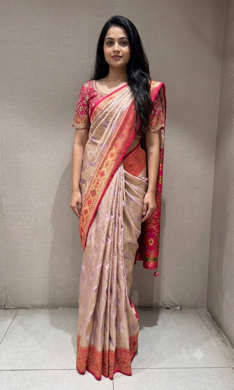 pink Kanchipuram silk saree with embroidered blouse