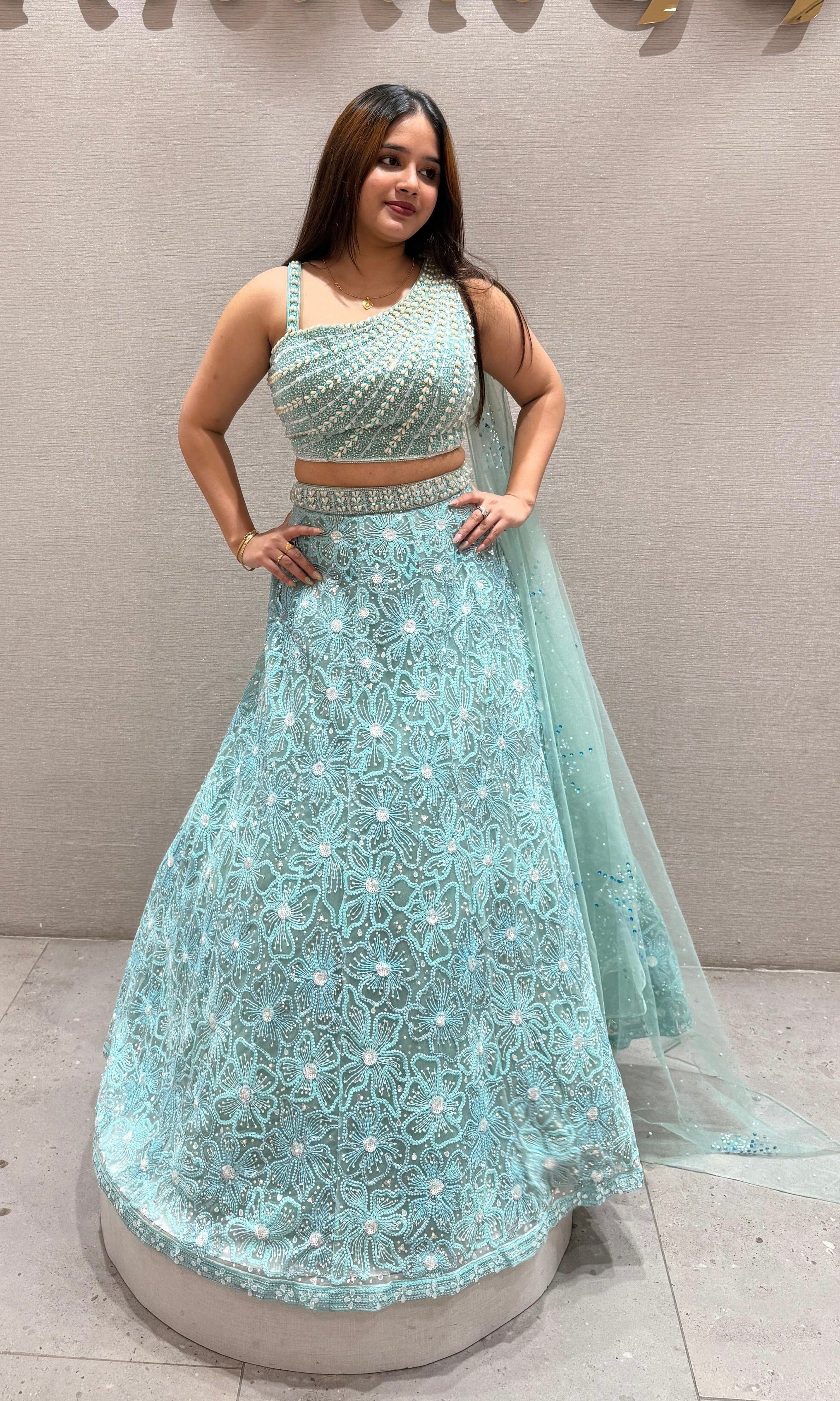 Sea blue Indo western Lehenga