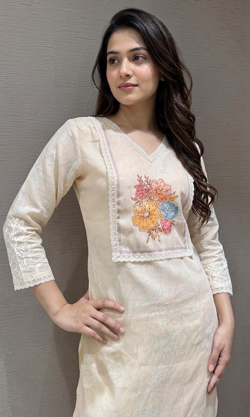 Peach Straight Kurta Set with Multicolor Pastel Panel dupatta