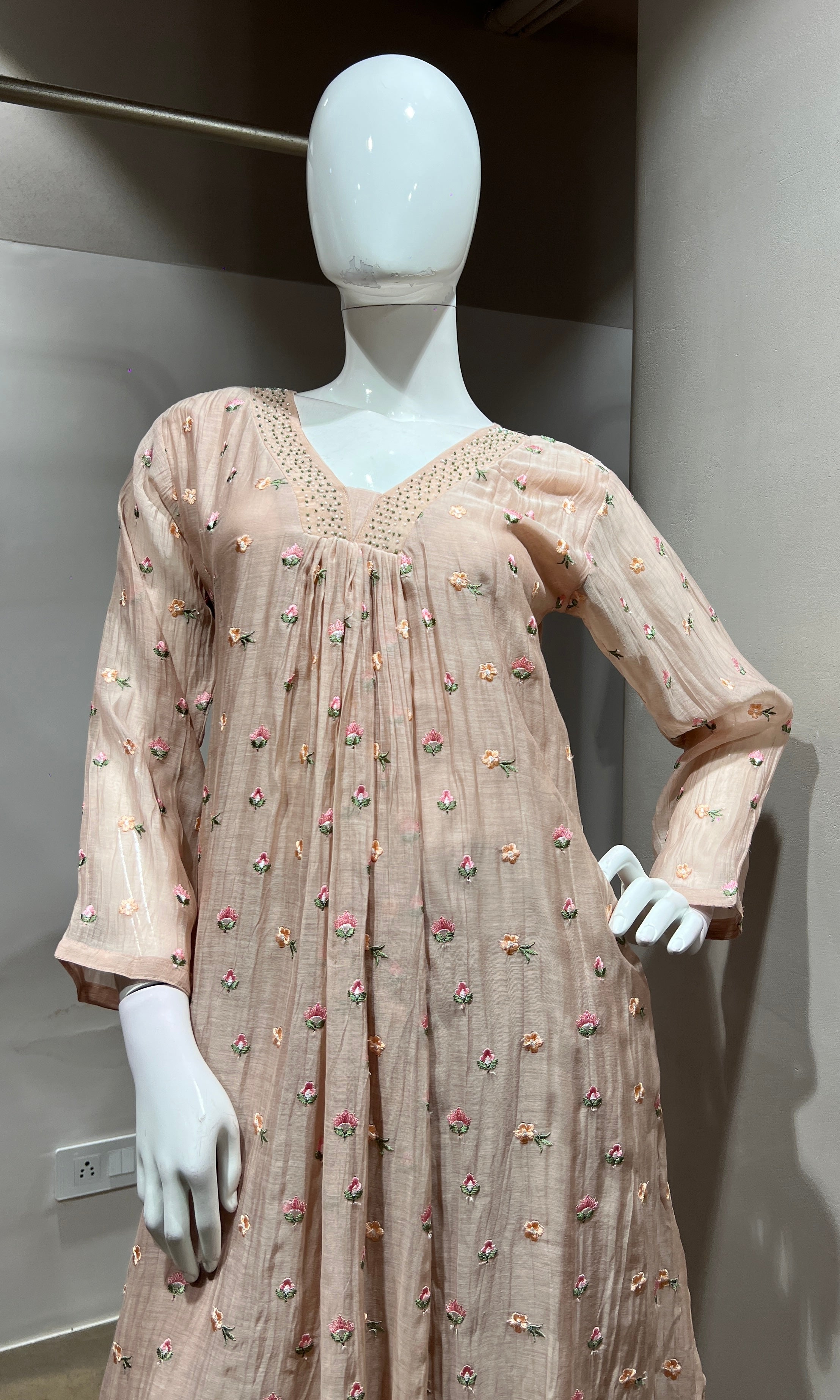 Peach Embroidered A-Line Kurta Set with Dupatta