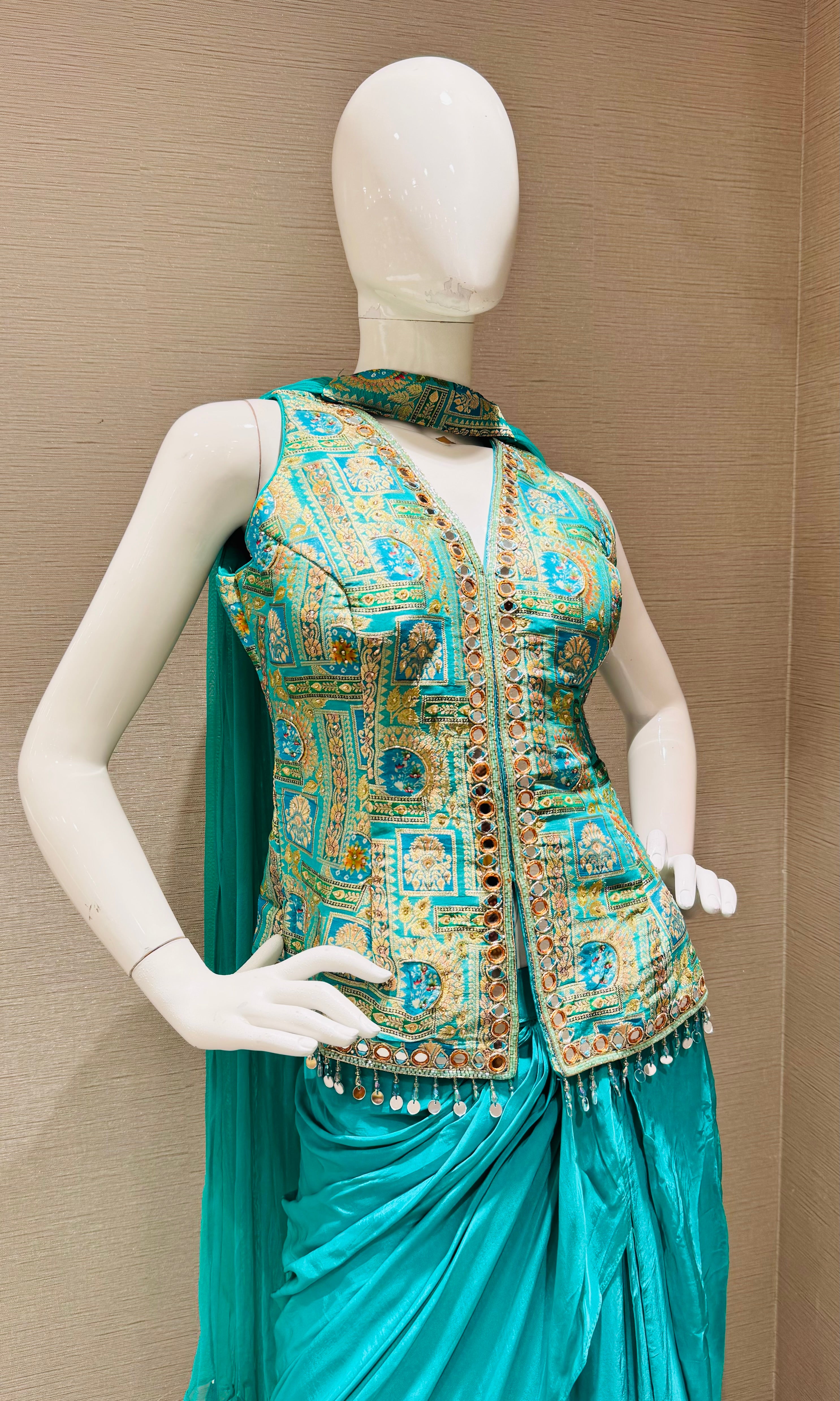 Green Indo Western Draped Skirt and Dhoti Set