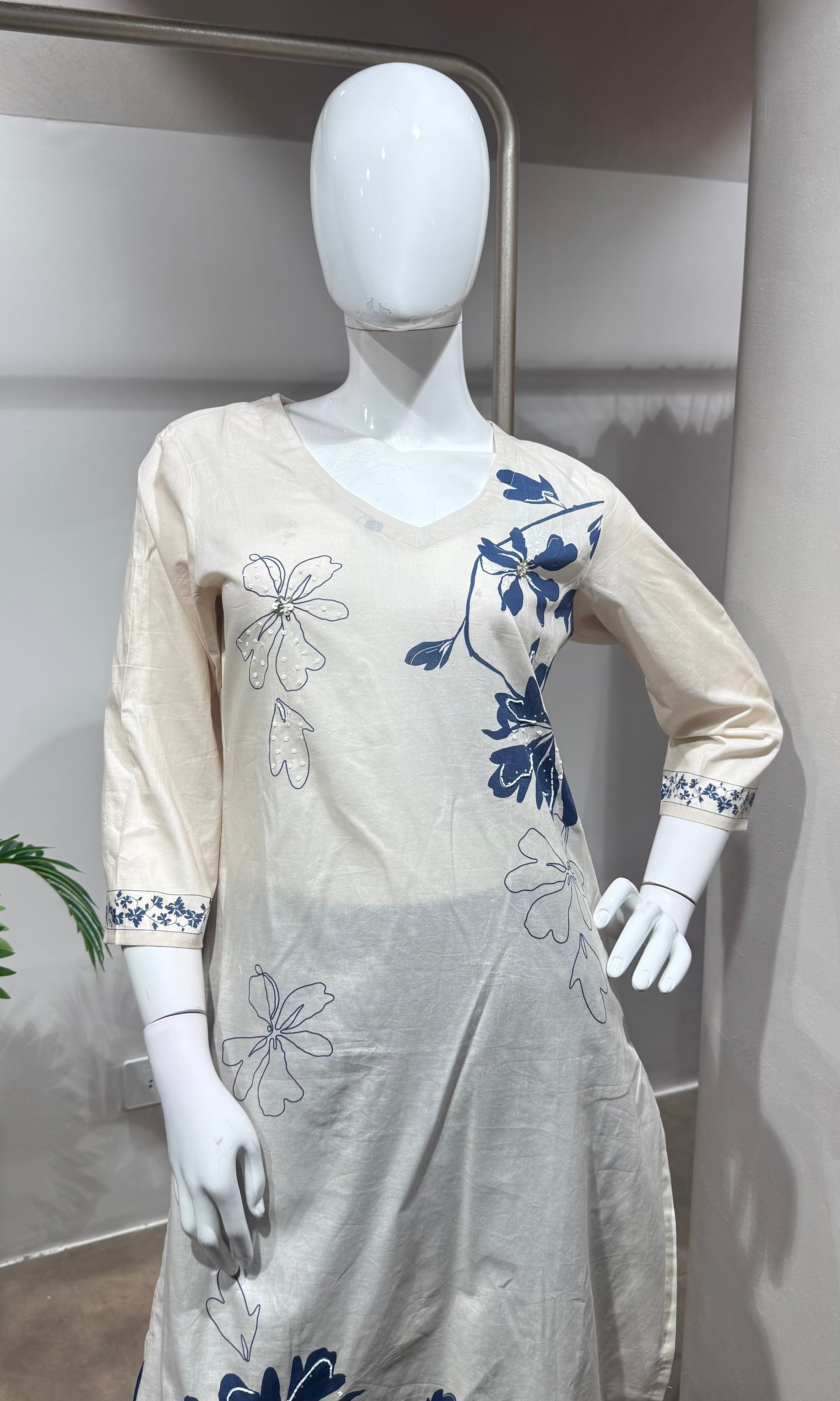 CREAM floral print straight-cut kurta set