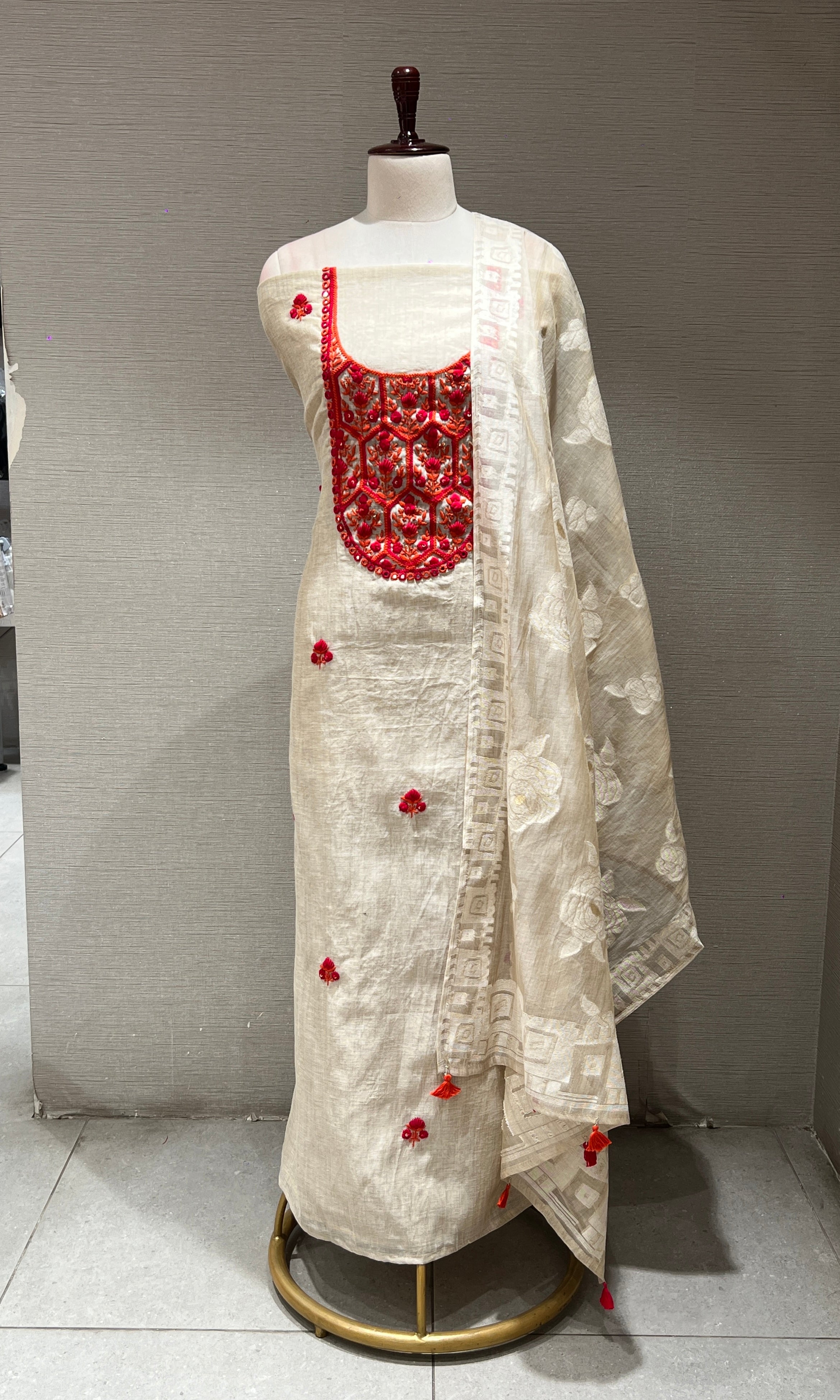 RED FLORAL EMBROIDERED DRESS MATERIAL