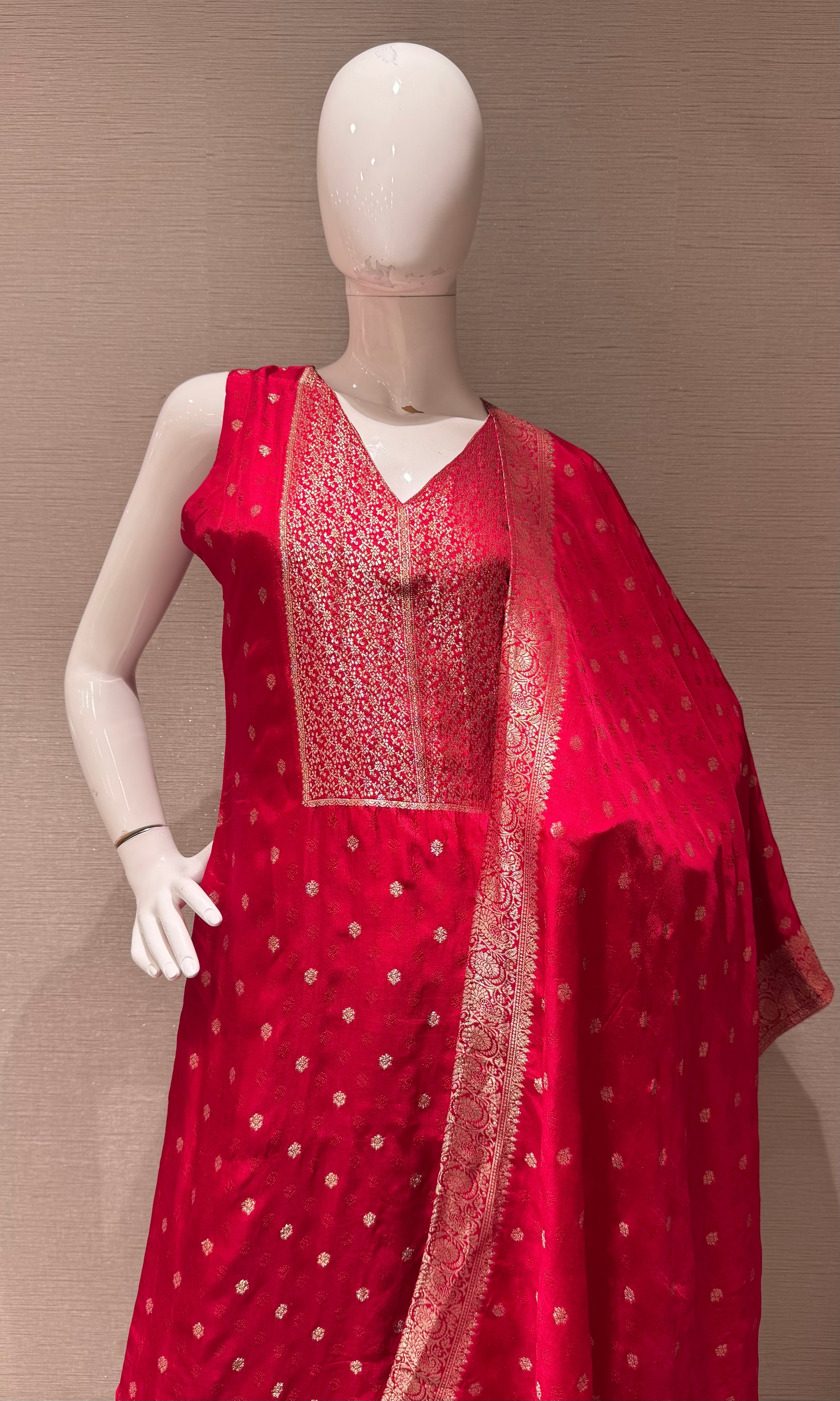RED Banarasi silk Kurta set with Golden Border dupatta