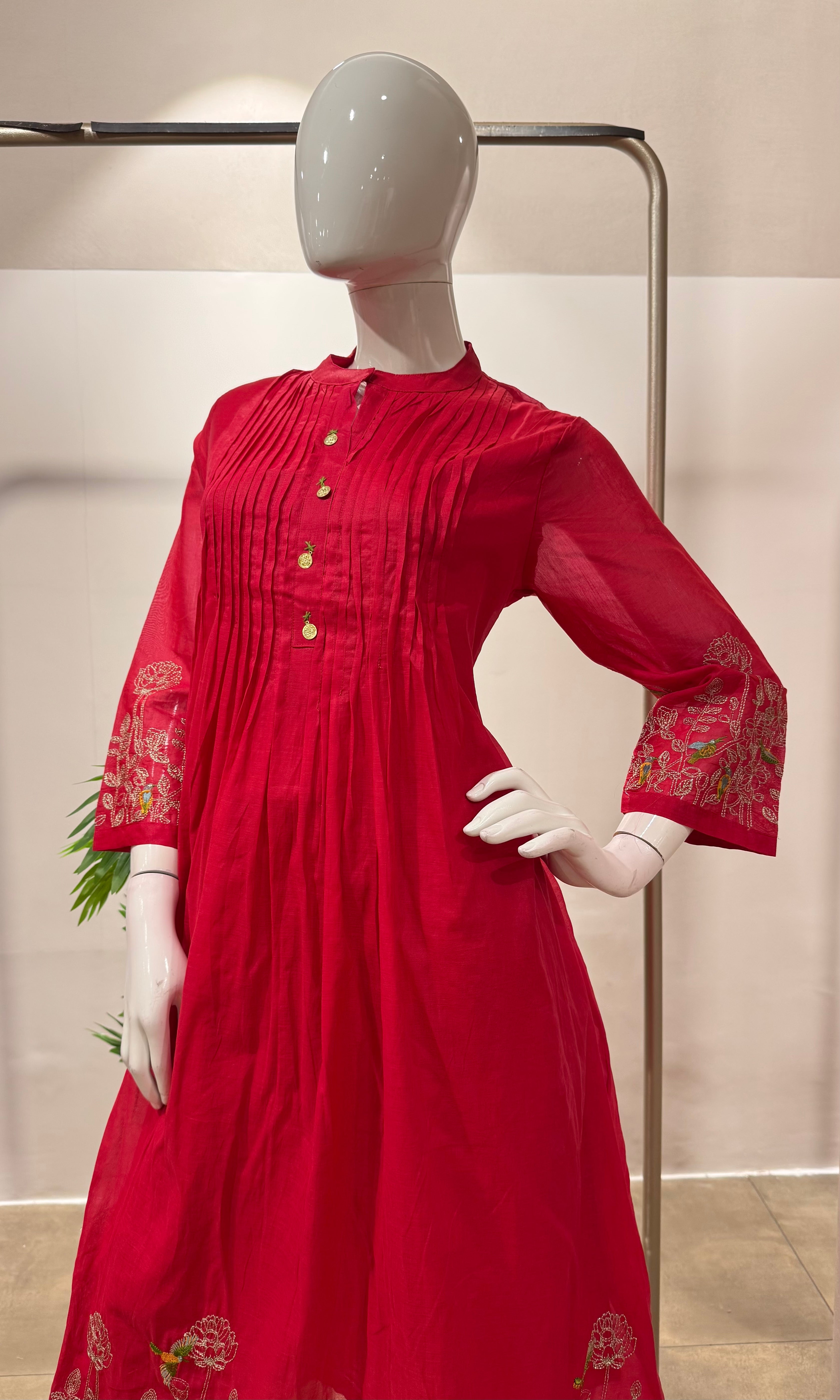 PINK FLORAL MUL CHANDERI KURTA SET