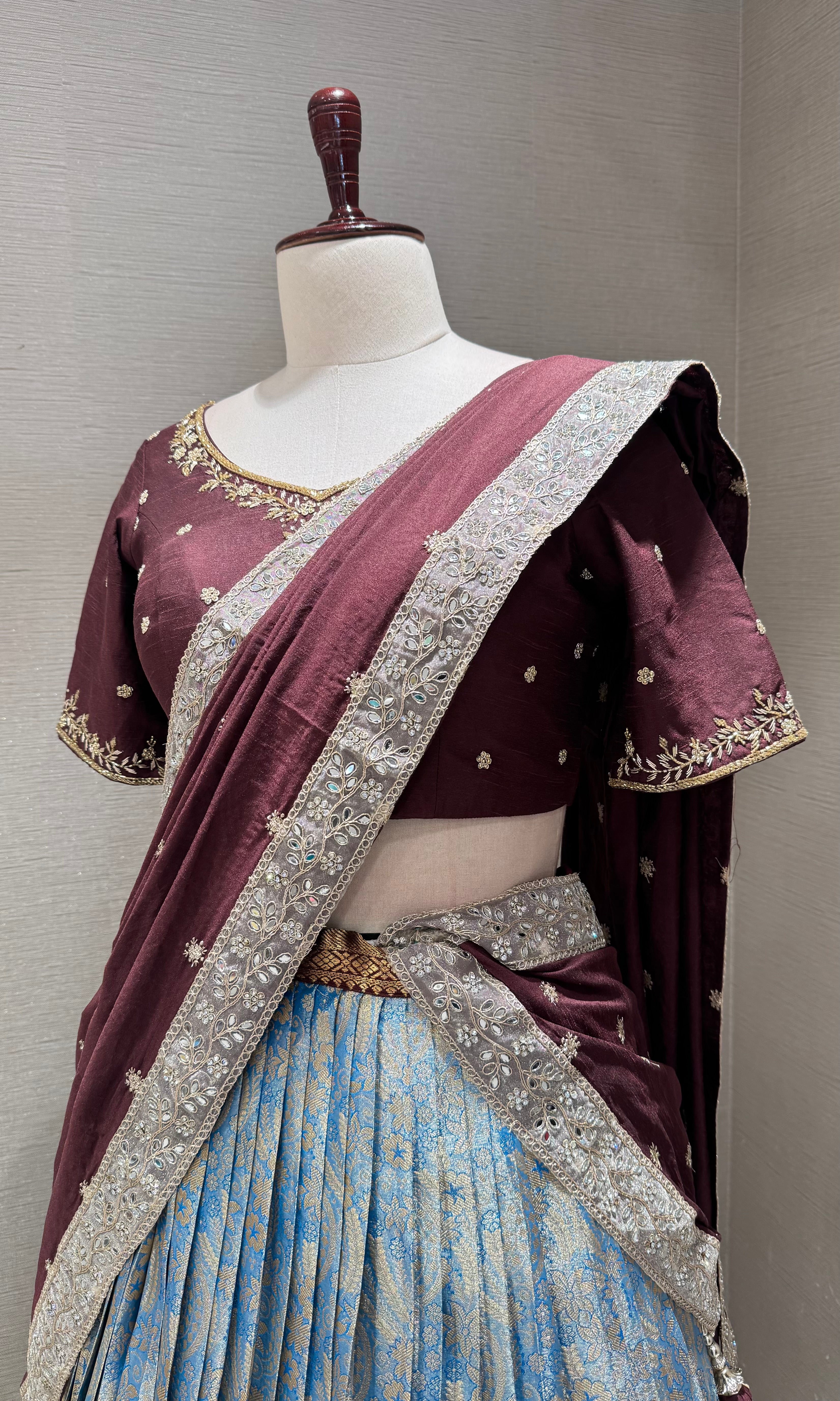 BLUE BANARASI PATTU LEHENGA WITH EMBROIDERED BLOUSE