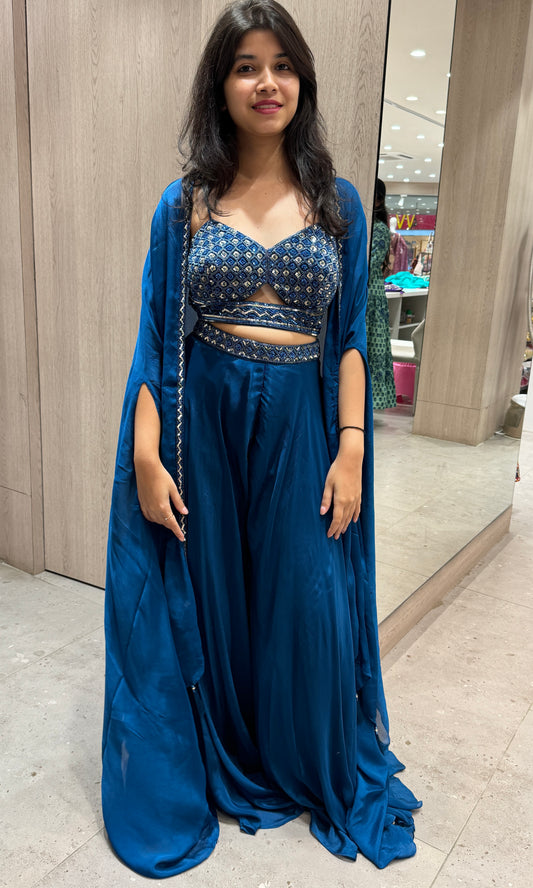 🦋Blue 3 piece Indo western palazzo set long dress with cape and blouse