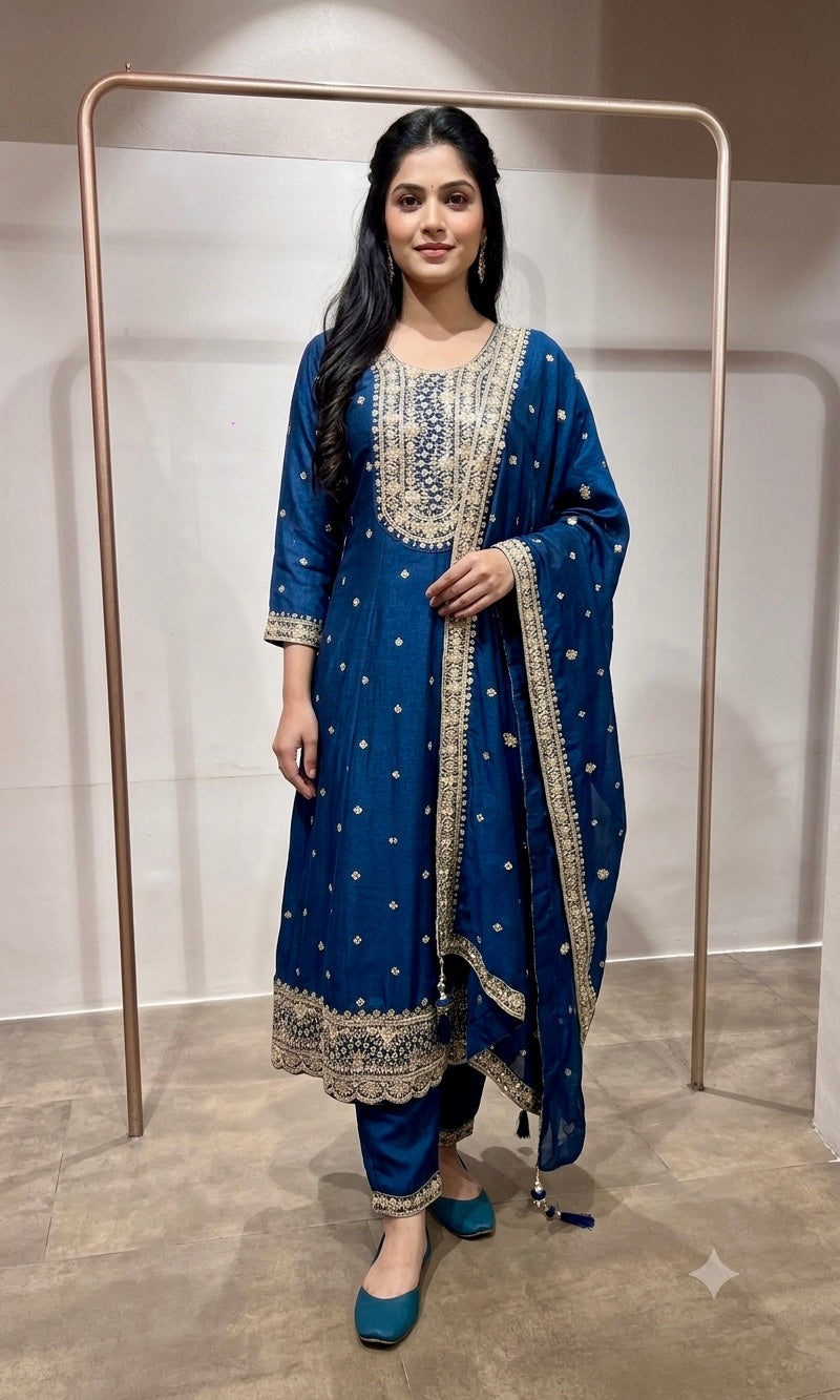 Blue gold embroidered Anarkali set