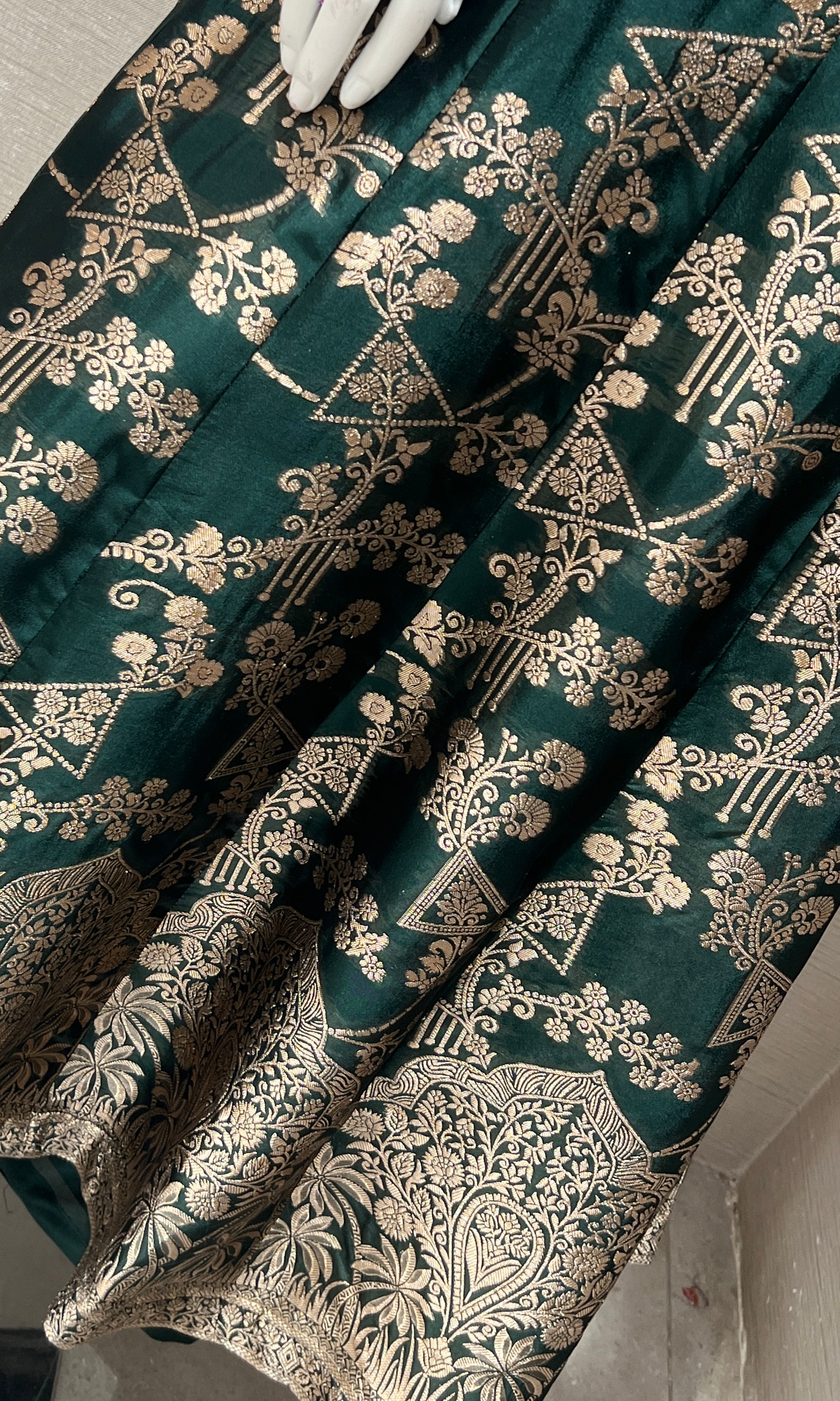 Bottle Green Anarkali with Gold Print embroidery