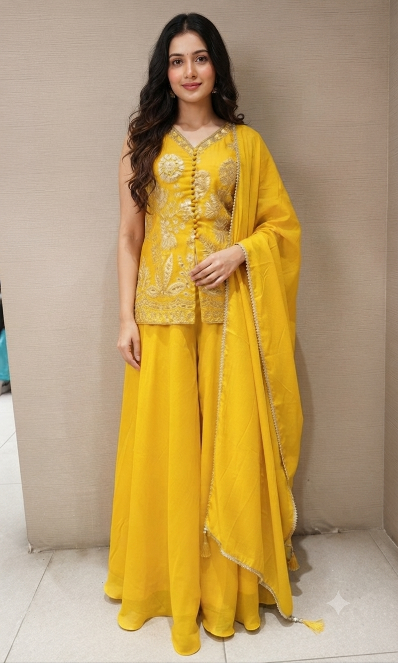 Yellow & Gold Shimmer Tissue palazzo Set