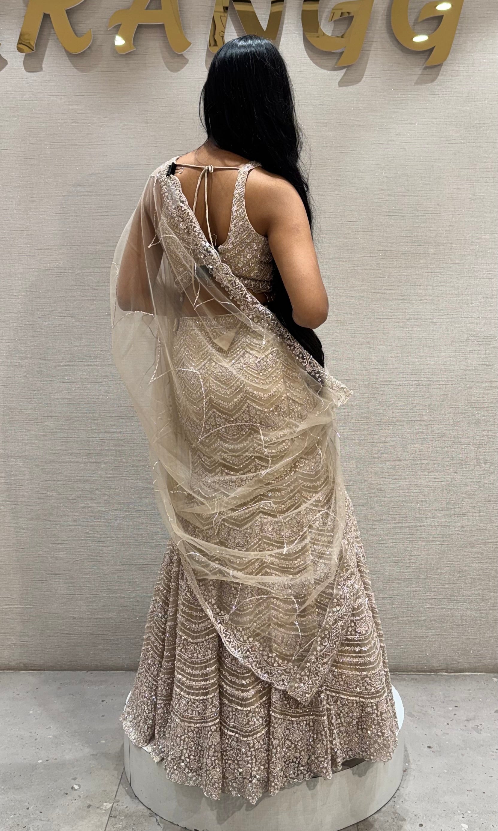 Beige sequins and beads champagne lehenga