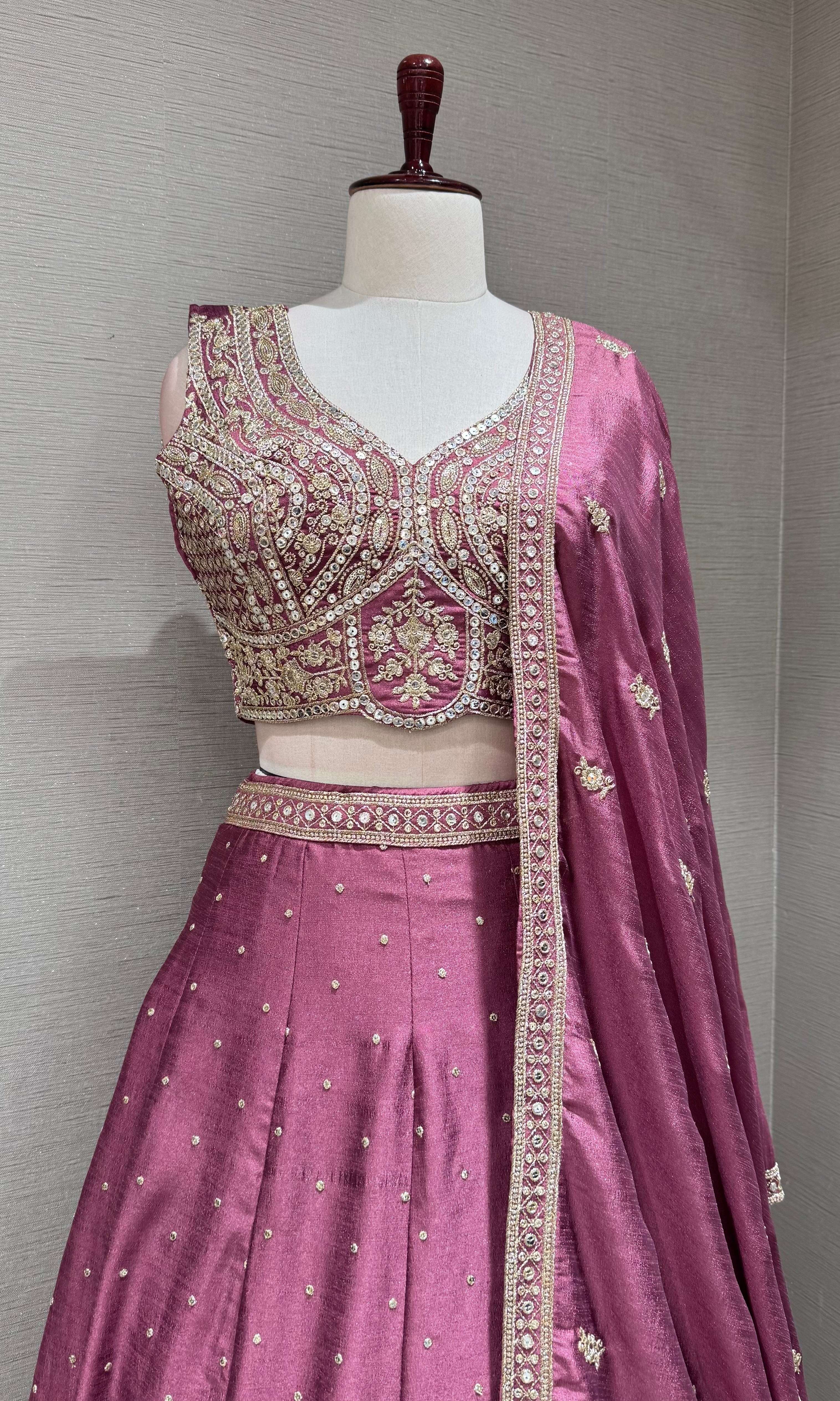 Wine Blossom Embroidered Crop Top Lehenga