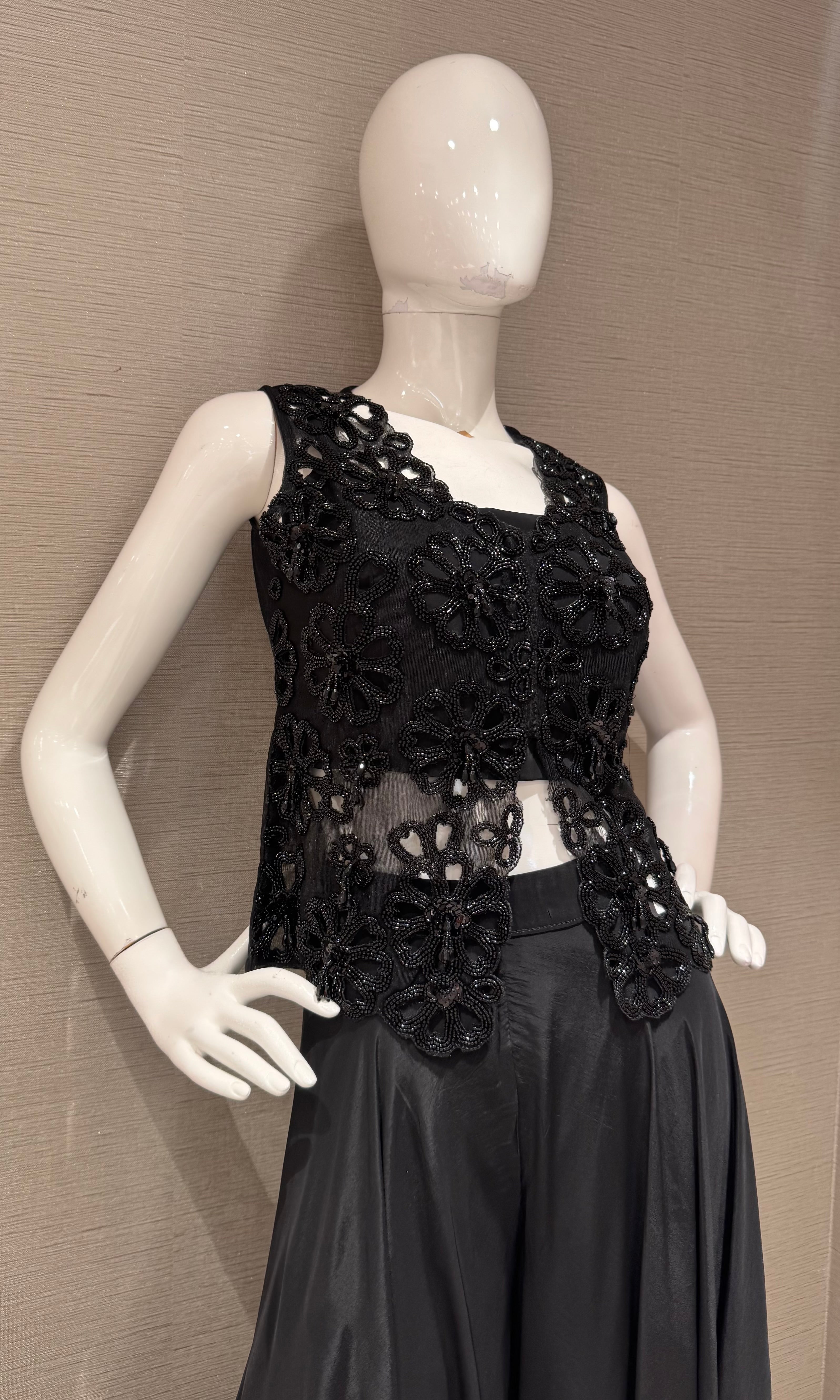 Black Lace Bodice Palazzo with Flared Chiffon Skirt